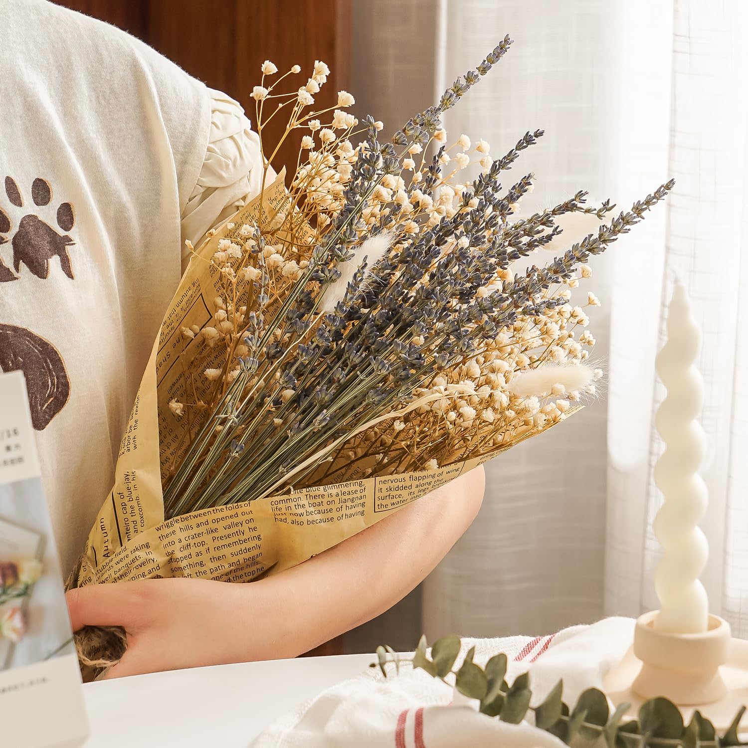 TEWEIQI Dried Lavander Flower Bouquet with Babies Breath, Used for Home Farmhouse Decor, Table Decor Real Dried Flowers for vase