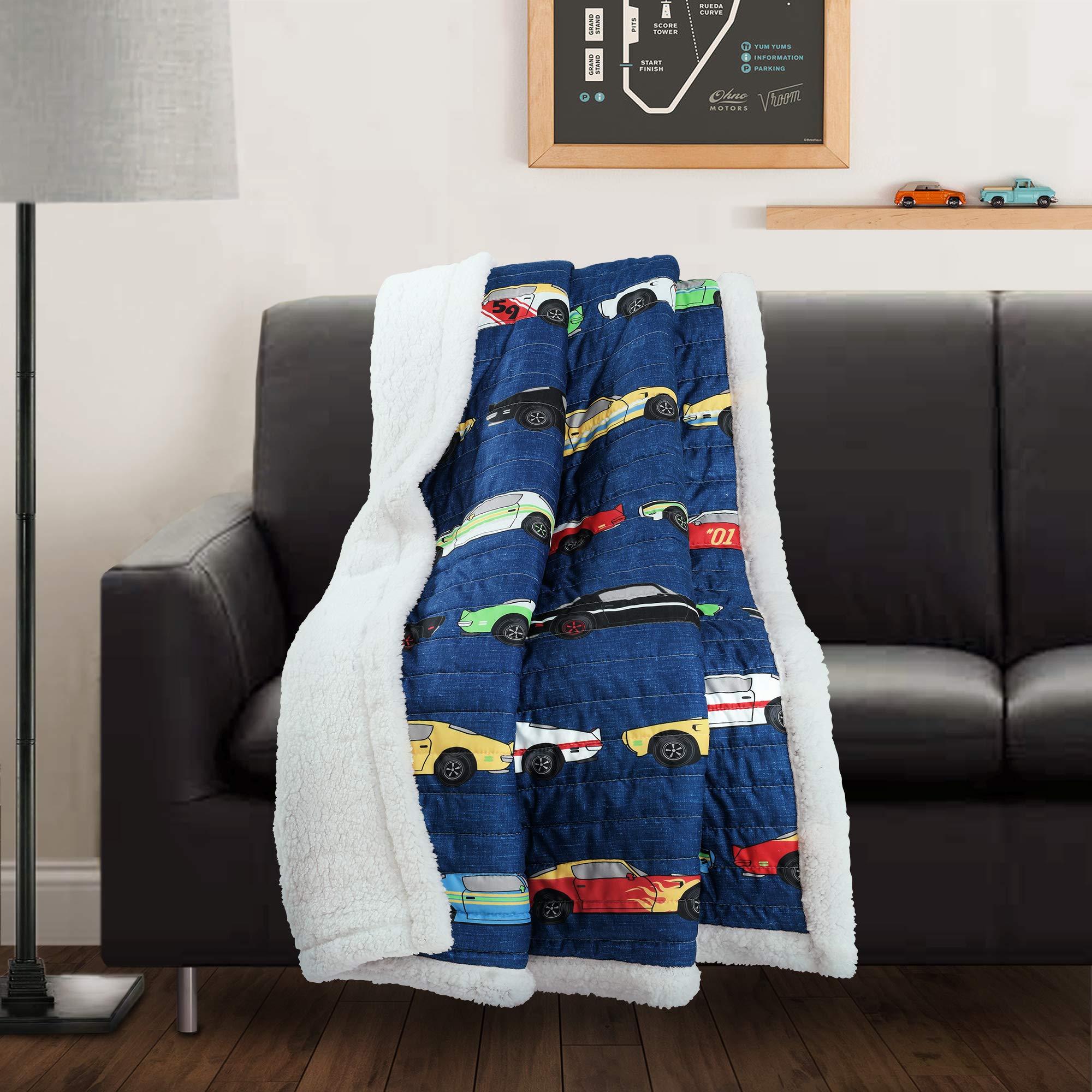 Lush Decor Cars Throw | Fuzzy Reversible Sherpa Blanket with Racing Print Design for Kids-60    x 50, Navy