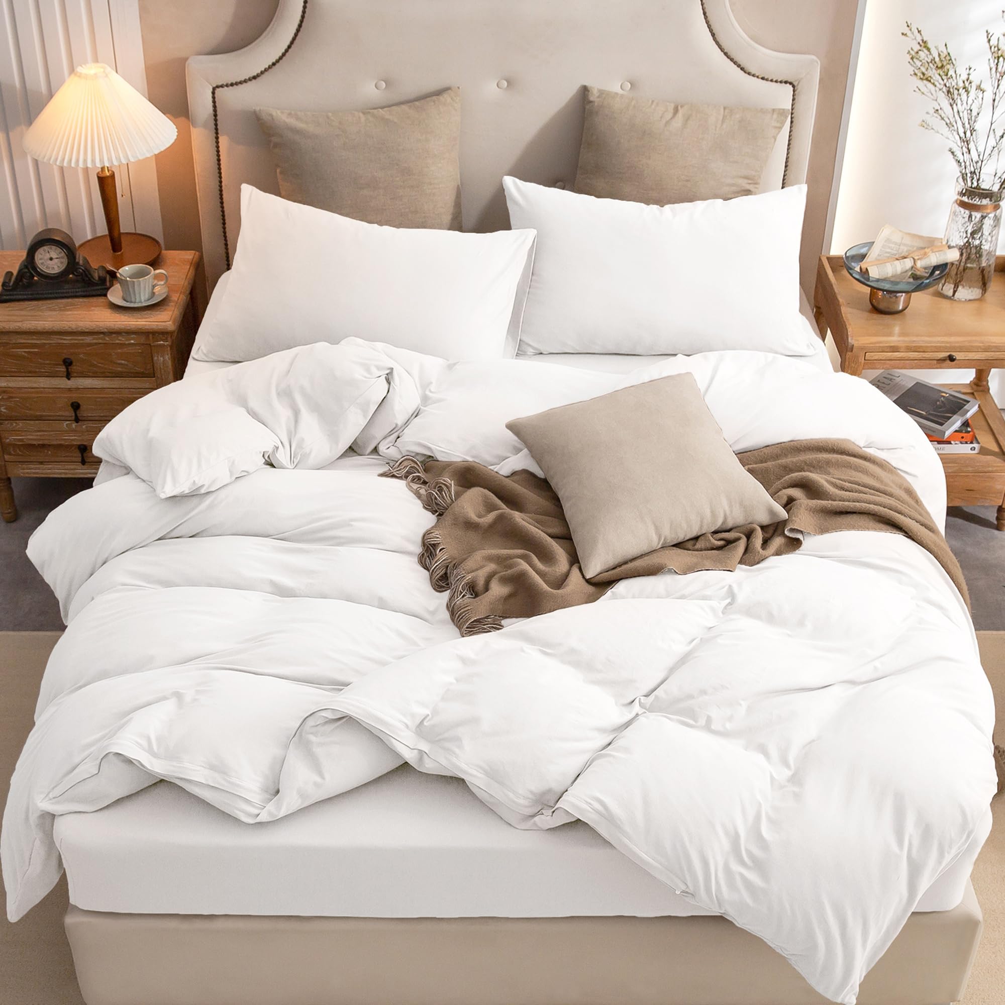 PURE ERA Jersey Knit Duvet Cover Set 100% T-Shirt Cotton Super Soft Comfy 2pc Bedding Set with Zipper Closure (Solid Bright Whit