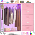 Cyclysio Dresser for Bedroom with Clothes Rack, 5 Drawers Dresser with Charging Station & LED Lights, Pink Storage Chest of Draw