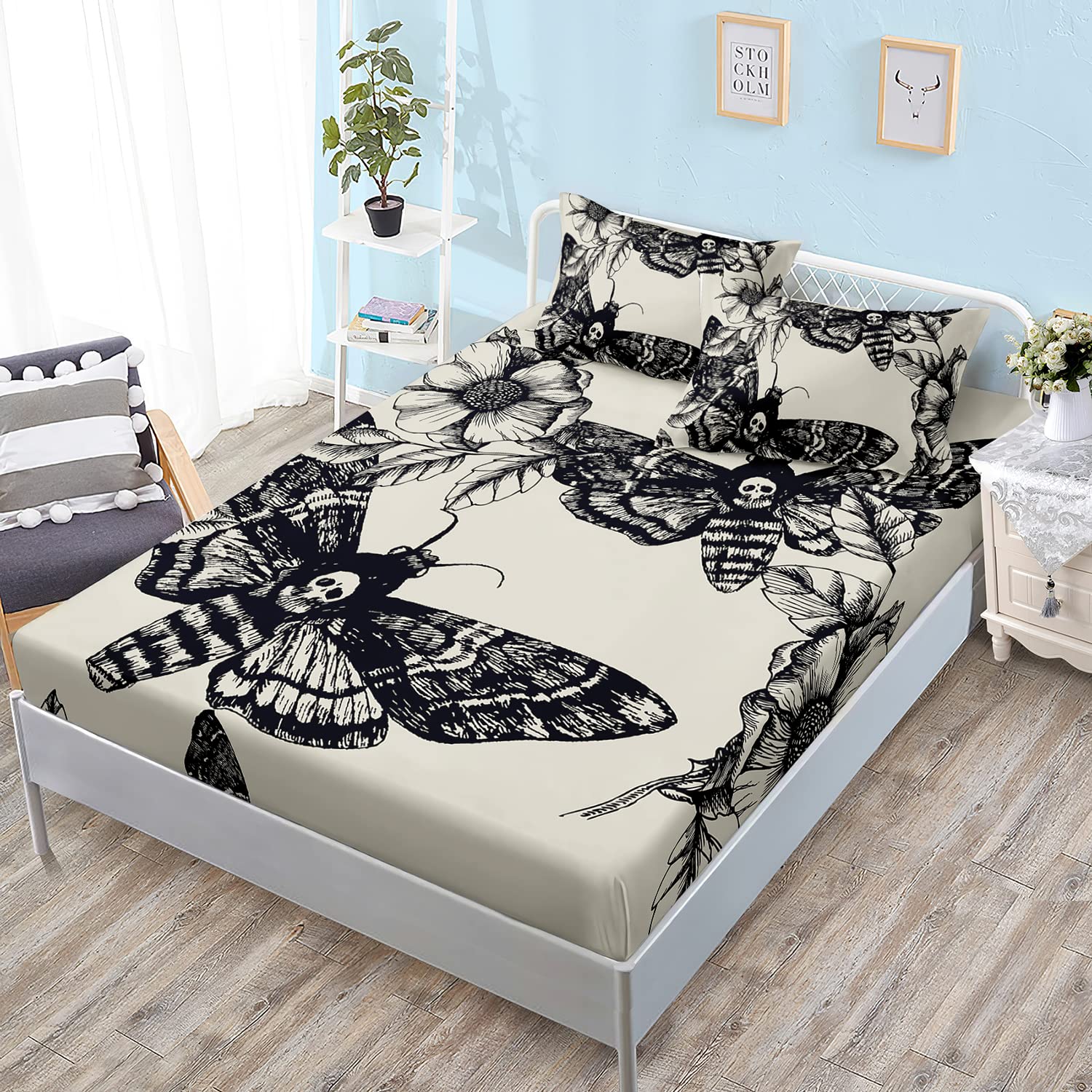 HOSIMA Death Moth Bedding Set for Girls Teen Boy Skull Decor Fitted Sheet Full Size Halloween Bedding,1 Fitted Sheet+2 Pillowcas