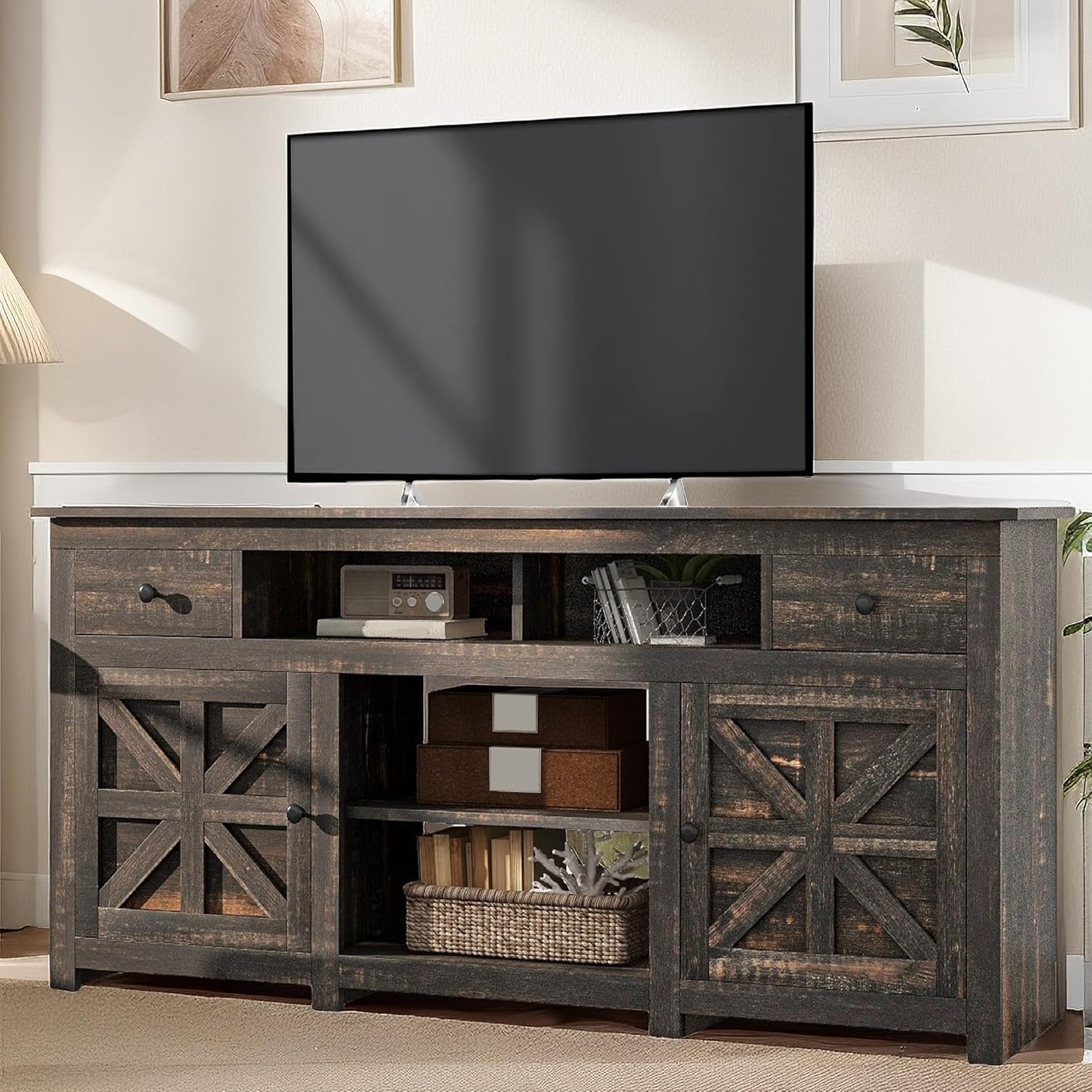 YITAHOME TV Stand for 75/80 Inch TV, Entertainment Center, TV Cabinet with Drawers and Power Outlet, Dark Rustic Oak TV Console 