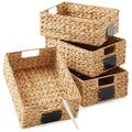 Casafield Set of 4 Water Hyacinth Pantry Baskets, 10 x 13 x 5, with Chalkboard Labels and Chalk Marker - Natural, Woven Storage 