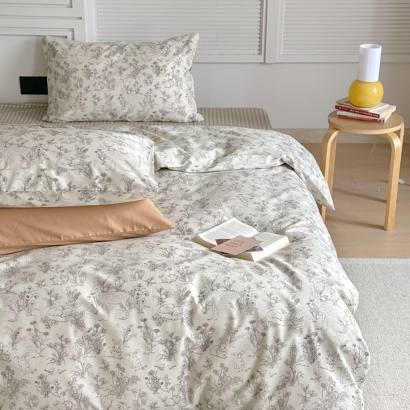 BuLuTu Kids Duvet Cover Queen (90x90) Animals Reversible Duvet Covers Rabbits Deer Decorative Comforter Cover with 2 Pillowcases