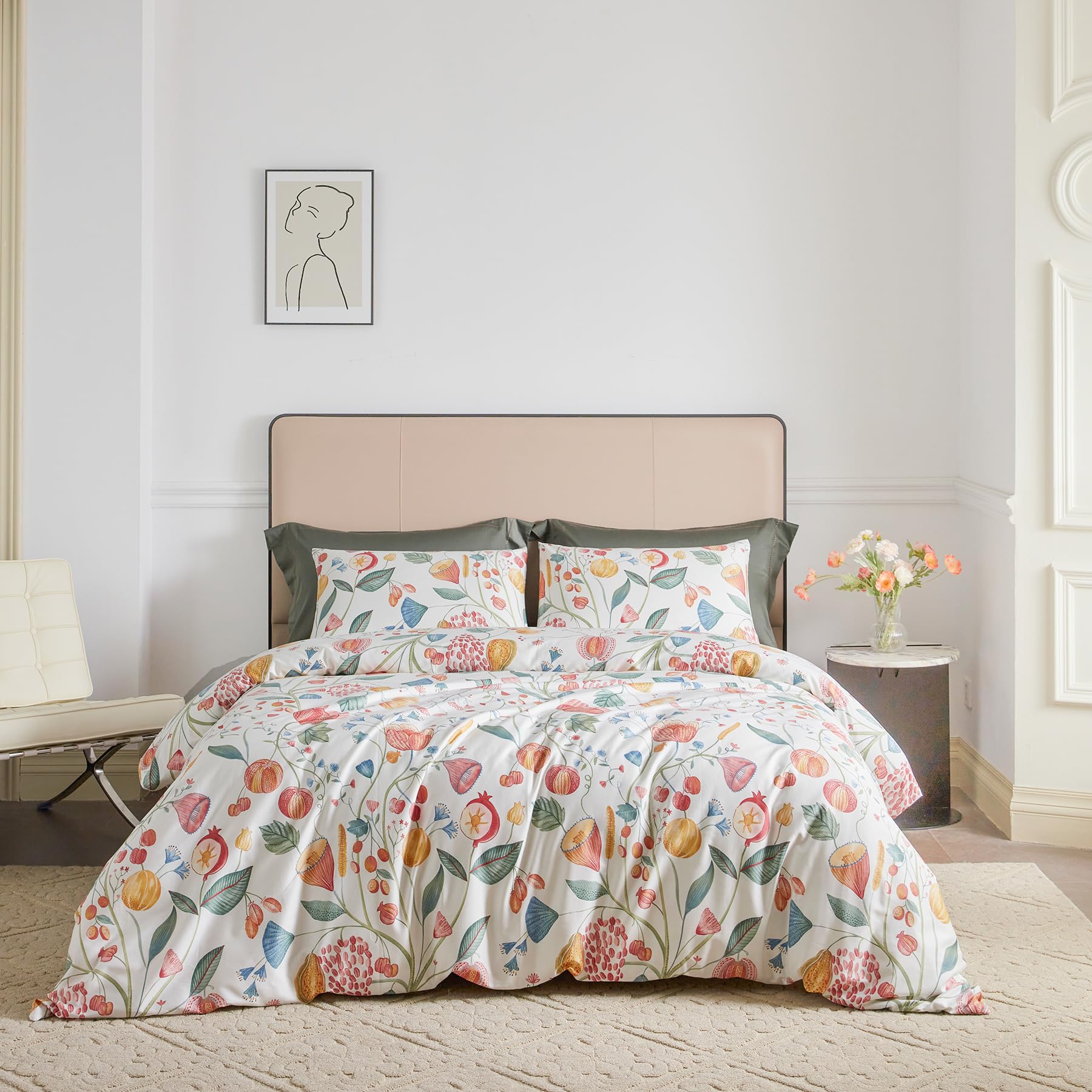 YuHeGuoJi White Botanical Duvet Cover King 100% Egyptian Cotton 3 Pcs Set 1 Red Floral Duvet Cover with Zipper Ties 2 Pillowcase