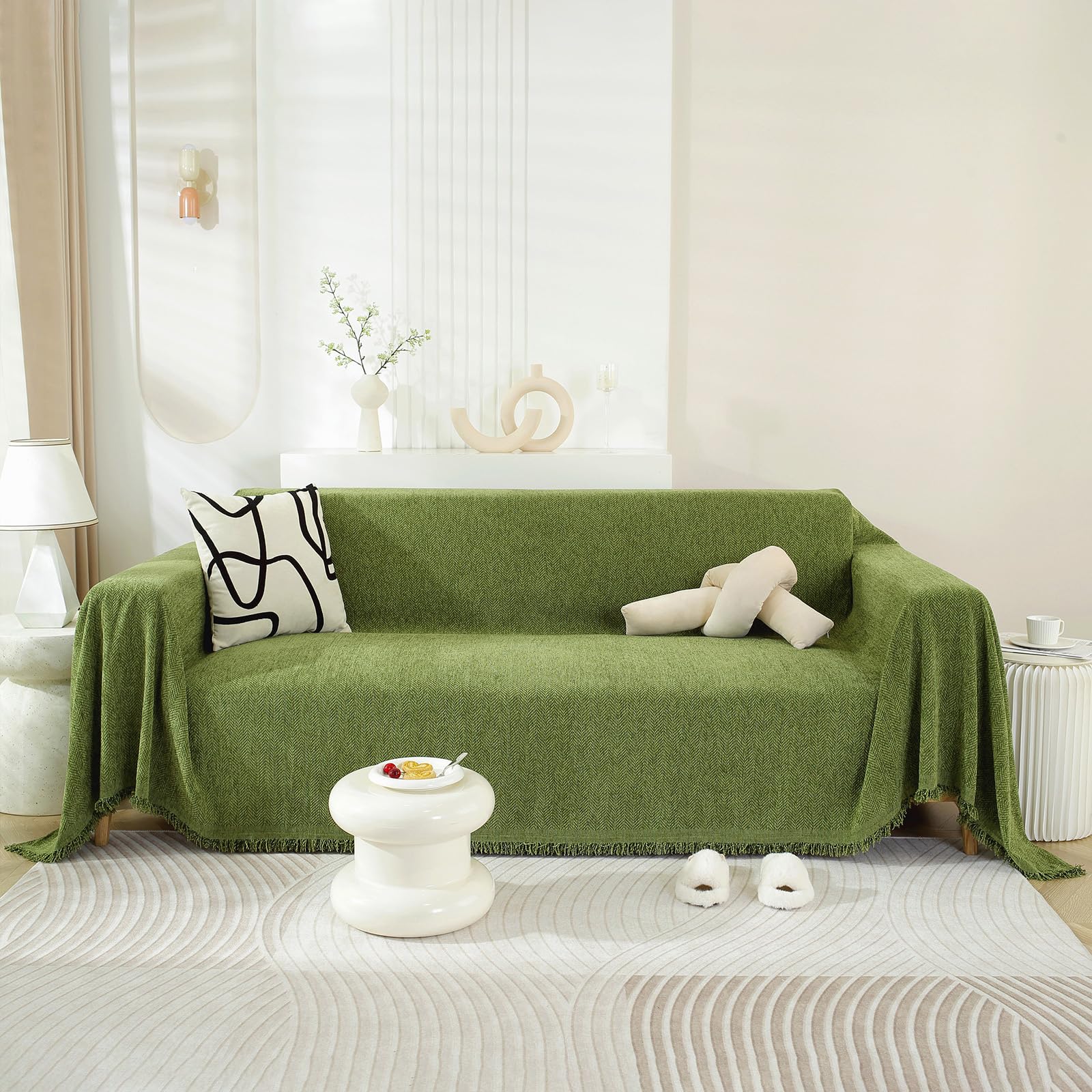 HANDONTIME Olive Green Chenille Sofa Cover for Sectional Couch, 71 x 118 Herringbone Couch Protector, Pet-Friendly Washable Furn