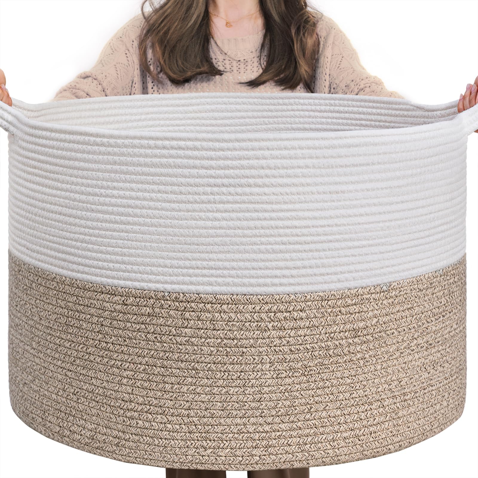 INDRESSME Large Laundry Basket, 21.7 x 13.8 Cotton Rope Blanket Basket Living Room Toy Baskets Storage Kids, Woven Baskets f
