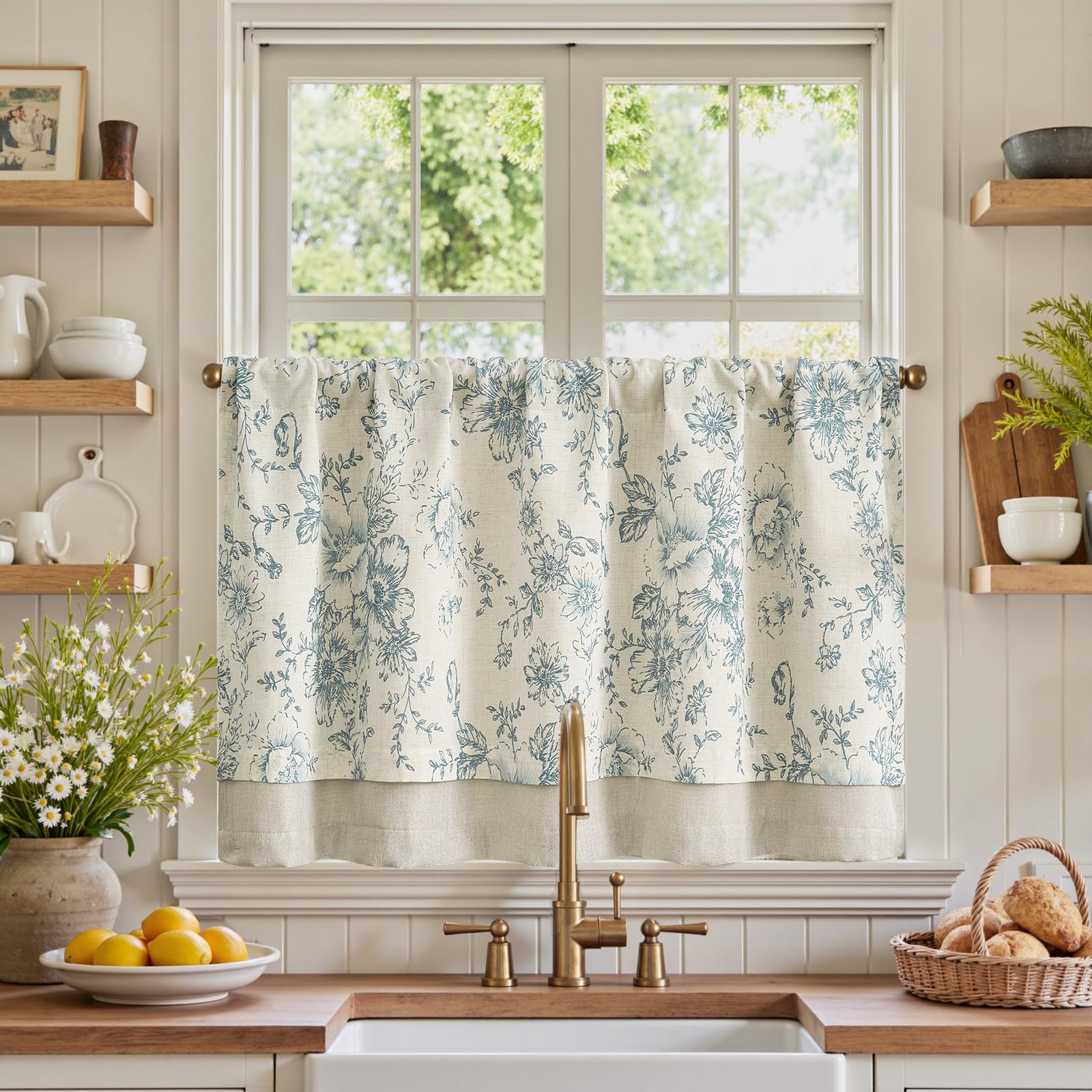 jinchan Linen Kitchen Curtain 24 Inch French Floral Double Layer Curtain Farmhouse Vintage Tier Drape Rustic Half Window Curtain