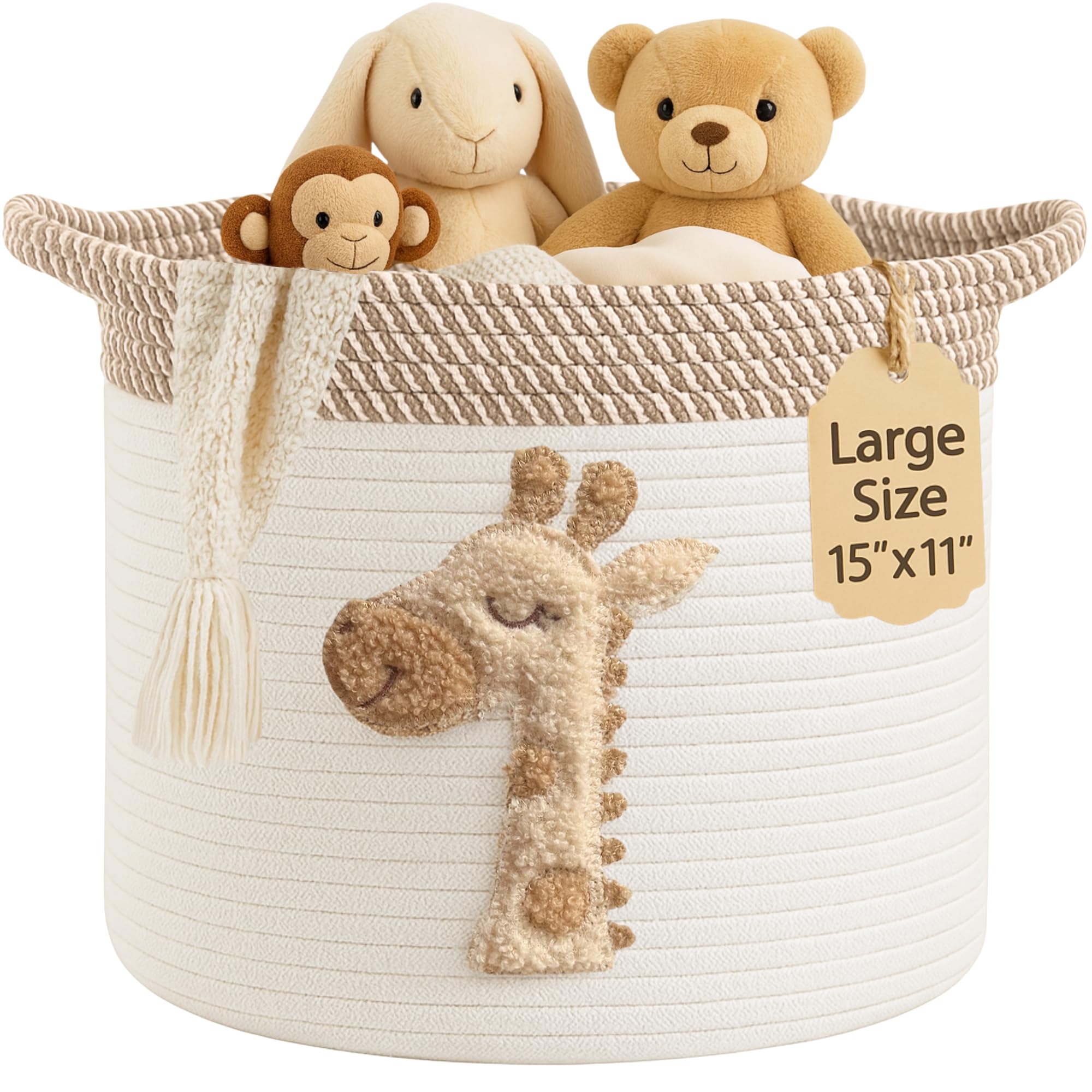 Giraffe Storage Basket for Nursery - Large 15   x11    Cotton Rope Bin with Soft Felt Animal Patch - Toy Organizer, Baby Laundry