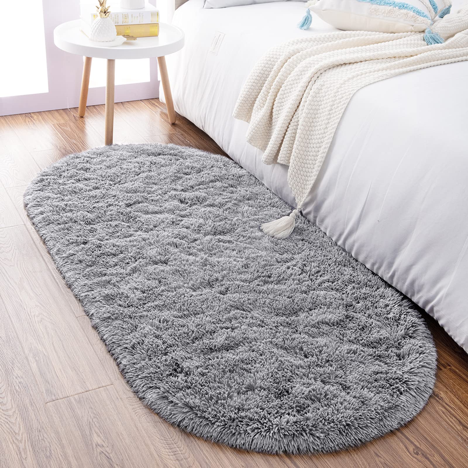 Noahas Ultra Soft Fluffy Bedroom Rugs,Shaggy Grey Area Rugs for Bedroom,Oval Throw Rugs, Kids Room Small Carpet,Living Room Runn