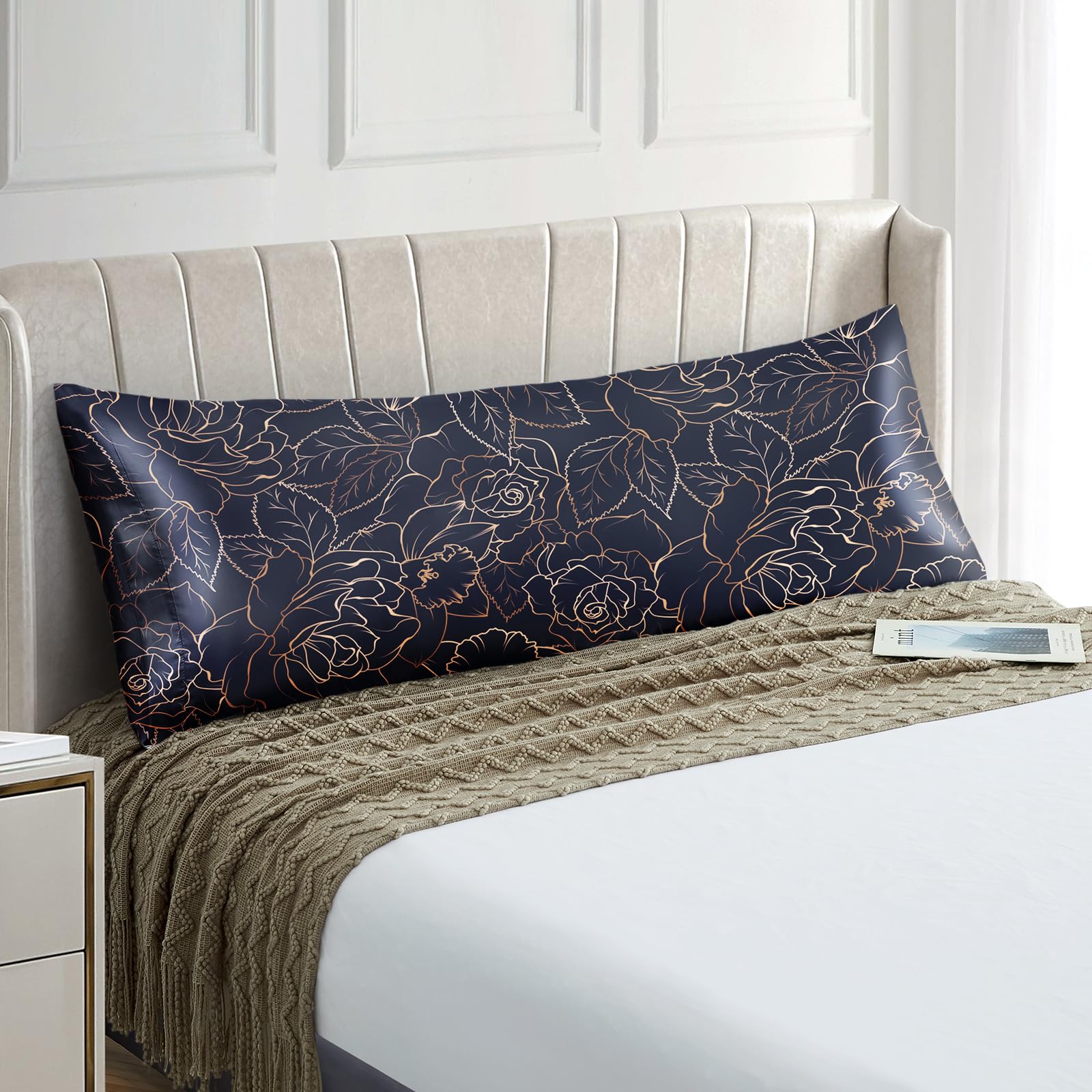 EXQ Home Satin Body Pillowcase for Hair and Skin- Rose on Blue Silk Long Pillowcase 20x54 inches - Satin Pillow Cases with Envel