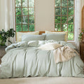 MooMee Bedding Duvet Cover Set 100% Washed Cotton Linen Like Textured Breathable Durable Soft Comfy (Heathered Sage Green, Super