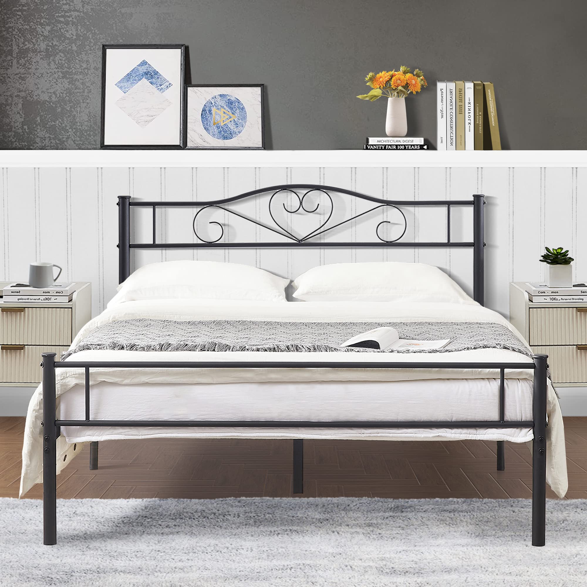 VEcELO Metal Platform Bed Frame with Headboard & Footboard, Steel Slats Mattress Foundation, No Box Spring Needed, Full Size, Ma