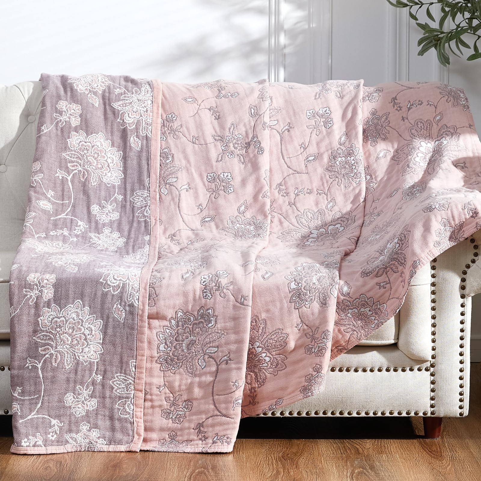 jinchan Boho 100% Cotton Muslin Queen Size 80x90 Inches Blanket Lightweight 4-Layer Quilted Soft Pink Multi Floral Throw Blanket