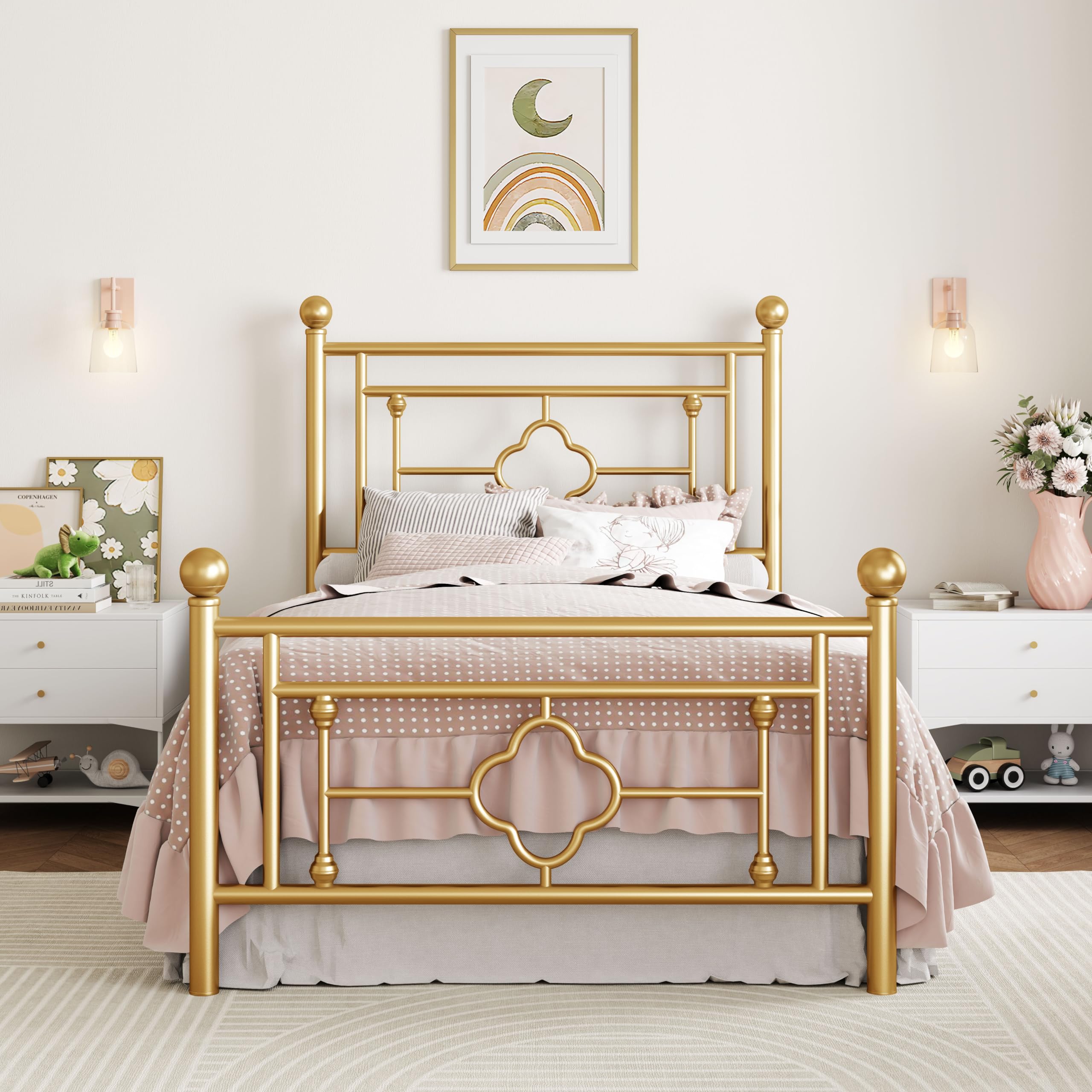 SHA CERLIN 14 Inches Twin Size Metal Platform Bed Frame/Vintage Iron-Art Headboard and Footboard/Mattress Foundation/No Box Spri