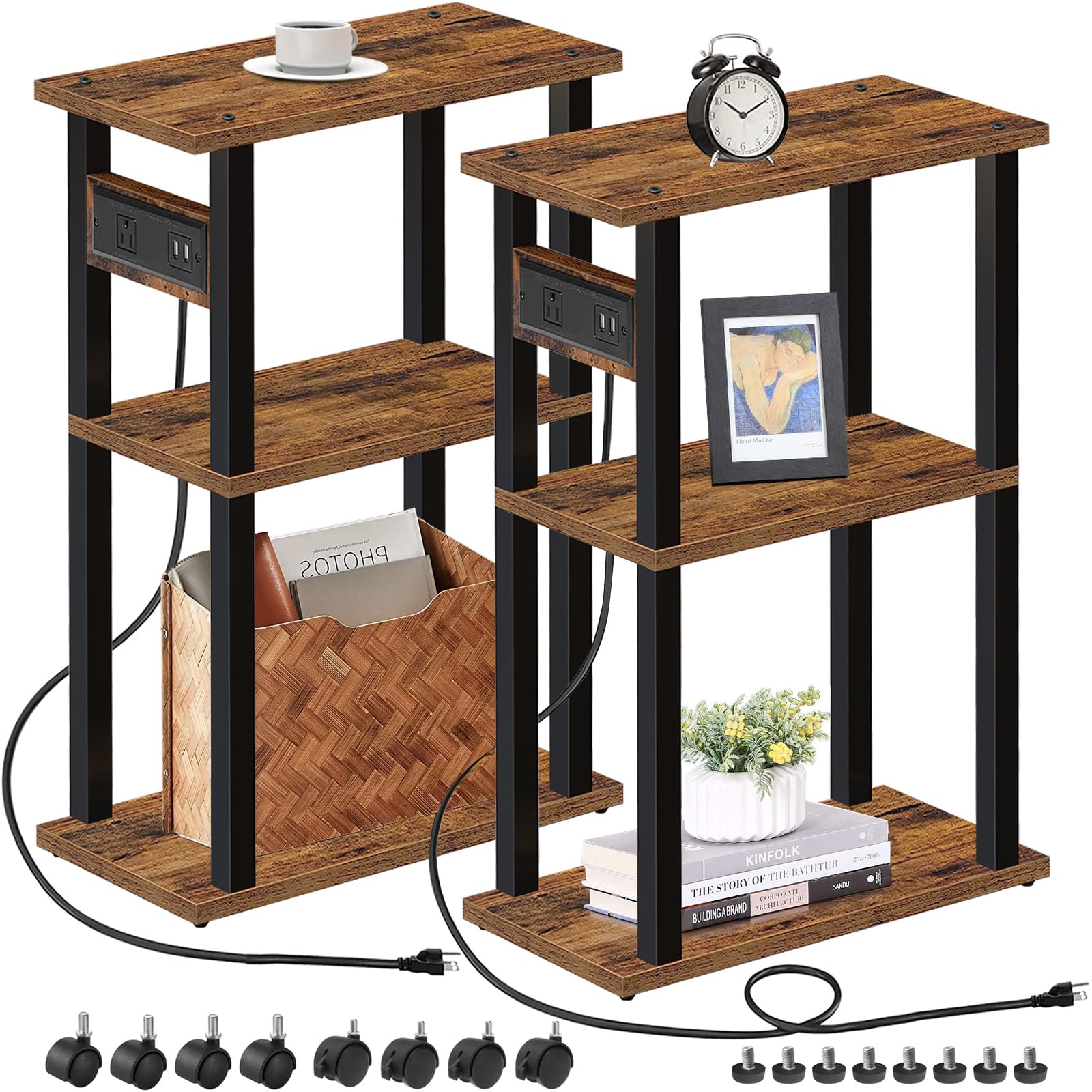 TUTOTAK Small Narrow Side Table with Charging Station, Set of 2 Skinny End Table for Small Spaces, Slim Nightstand with USB Port