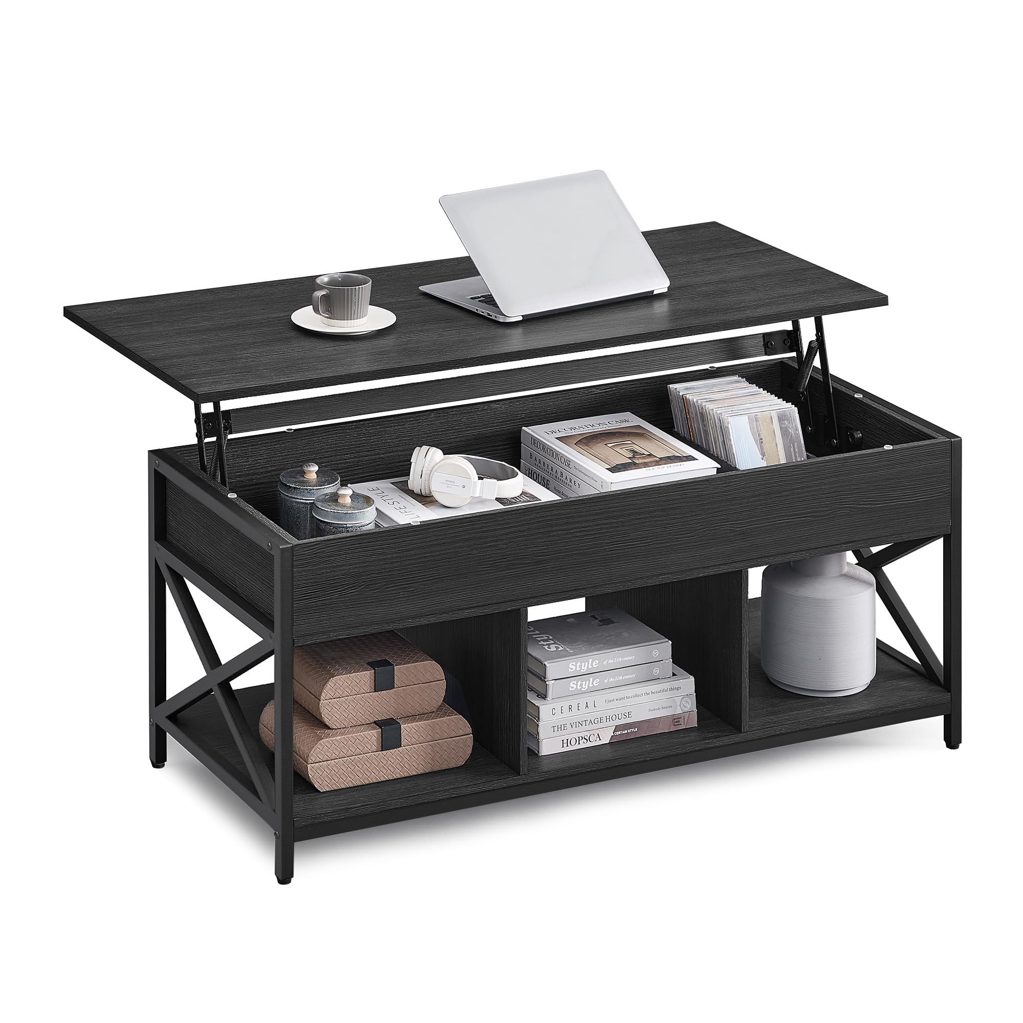 VASAGLE Lift Top Coffee Table, Lift Coffee Table with Storage Shelf, Hidden Compartments and Lifting Top, for Living Room, Offic