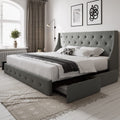 Allewie Full Size Bed Frame with 4 Storage Drawers and Wingback Headboard, Button Tufted Design, No Box Spring Needed, Light Gre