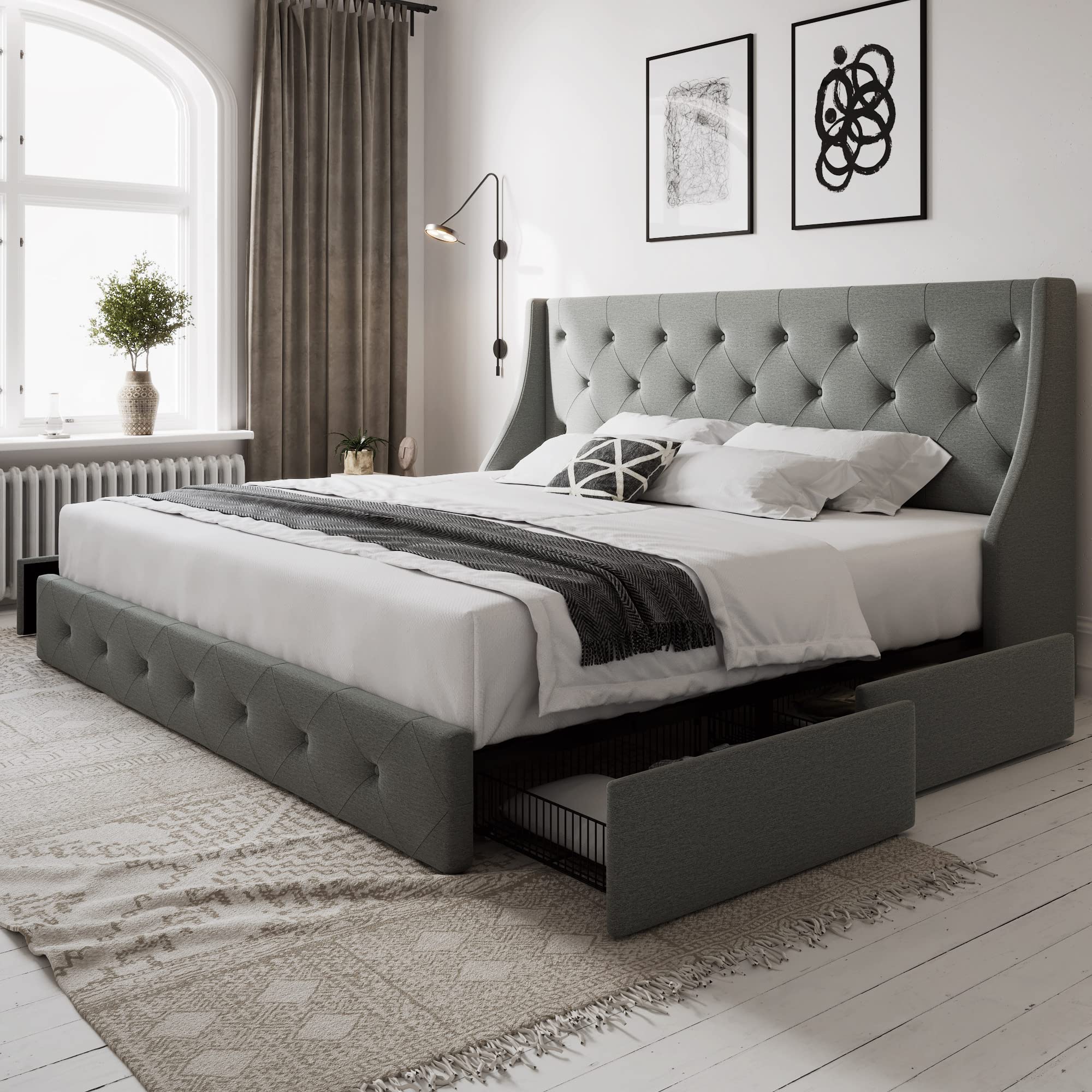 Allewie Full Size Bed Frame with 4 Storage Drawers and Wingback Headboard, Button Tufted Design, No Box Spring Needed, Light Gre