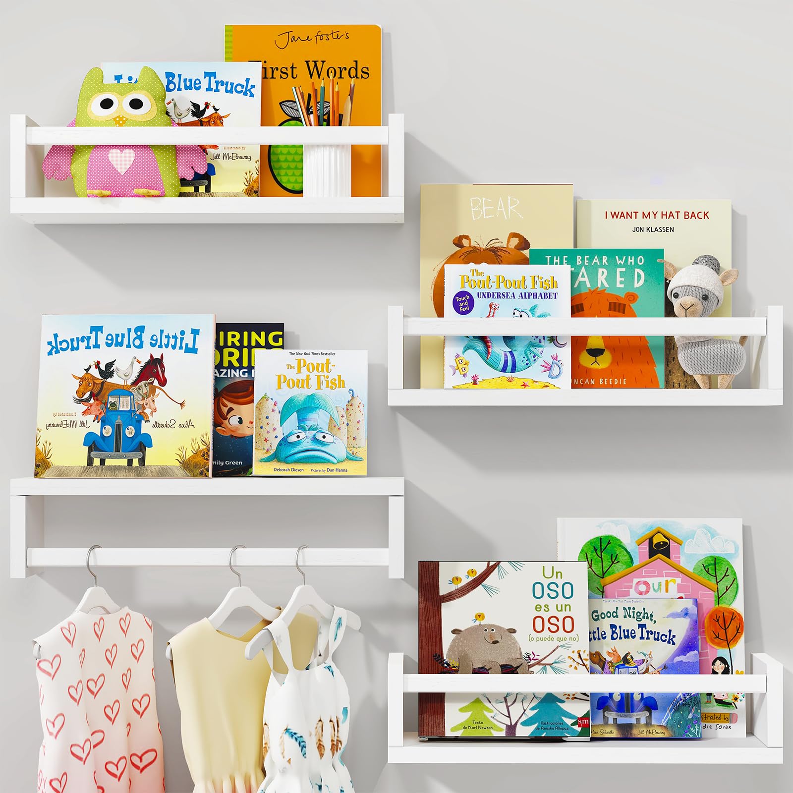 Fixwal Nursery Book Shelves, 16.5 Inch Floating Bookshelves for Nursery Decor & Playroom Decor, Set of 4, Solid Wood Wall Mounte