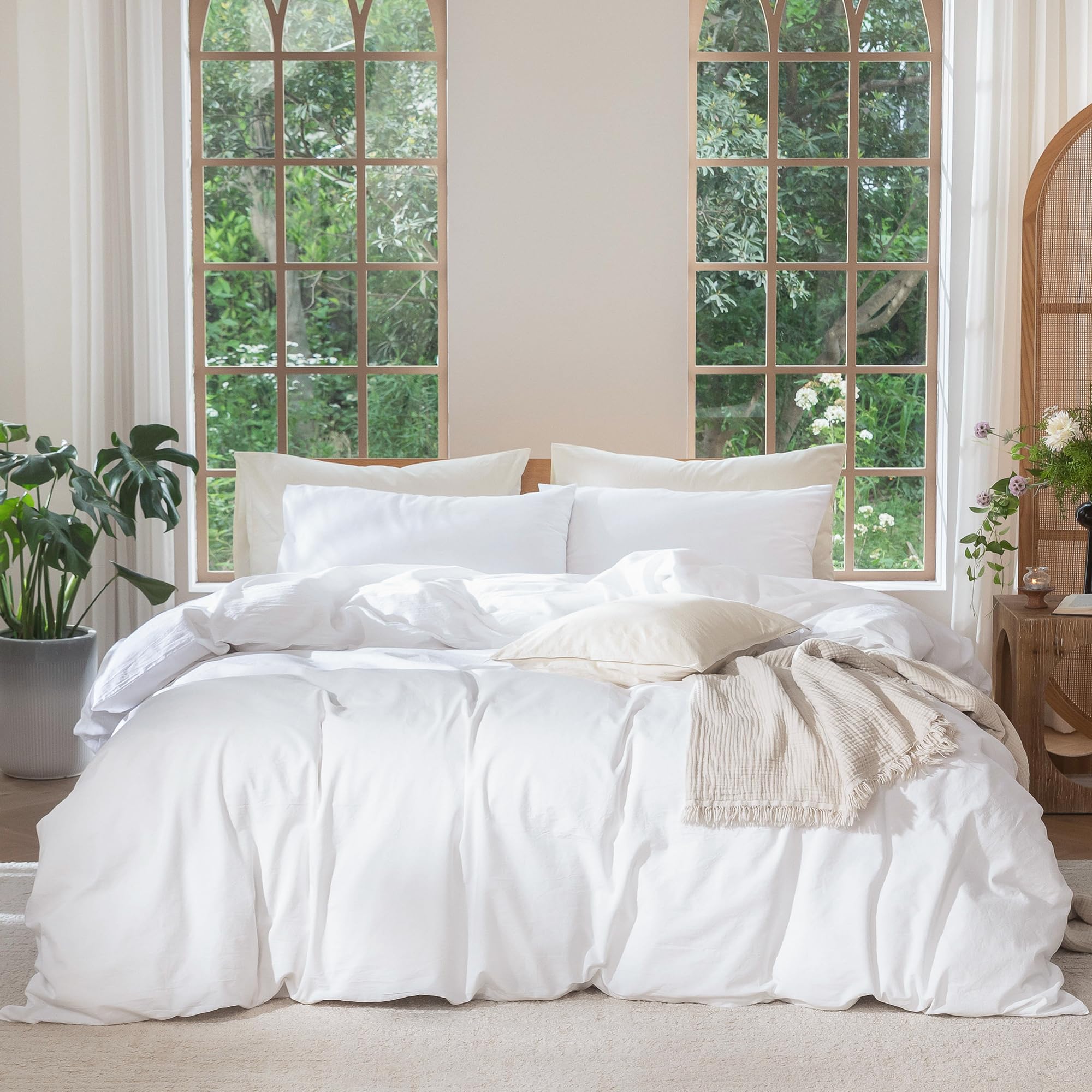 MooMee Bedding Duvet Cover Set 100% Washed Cotton Linen Like Textured Breathable Durable Soft Comfy (Solid Bright White, Oversiz