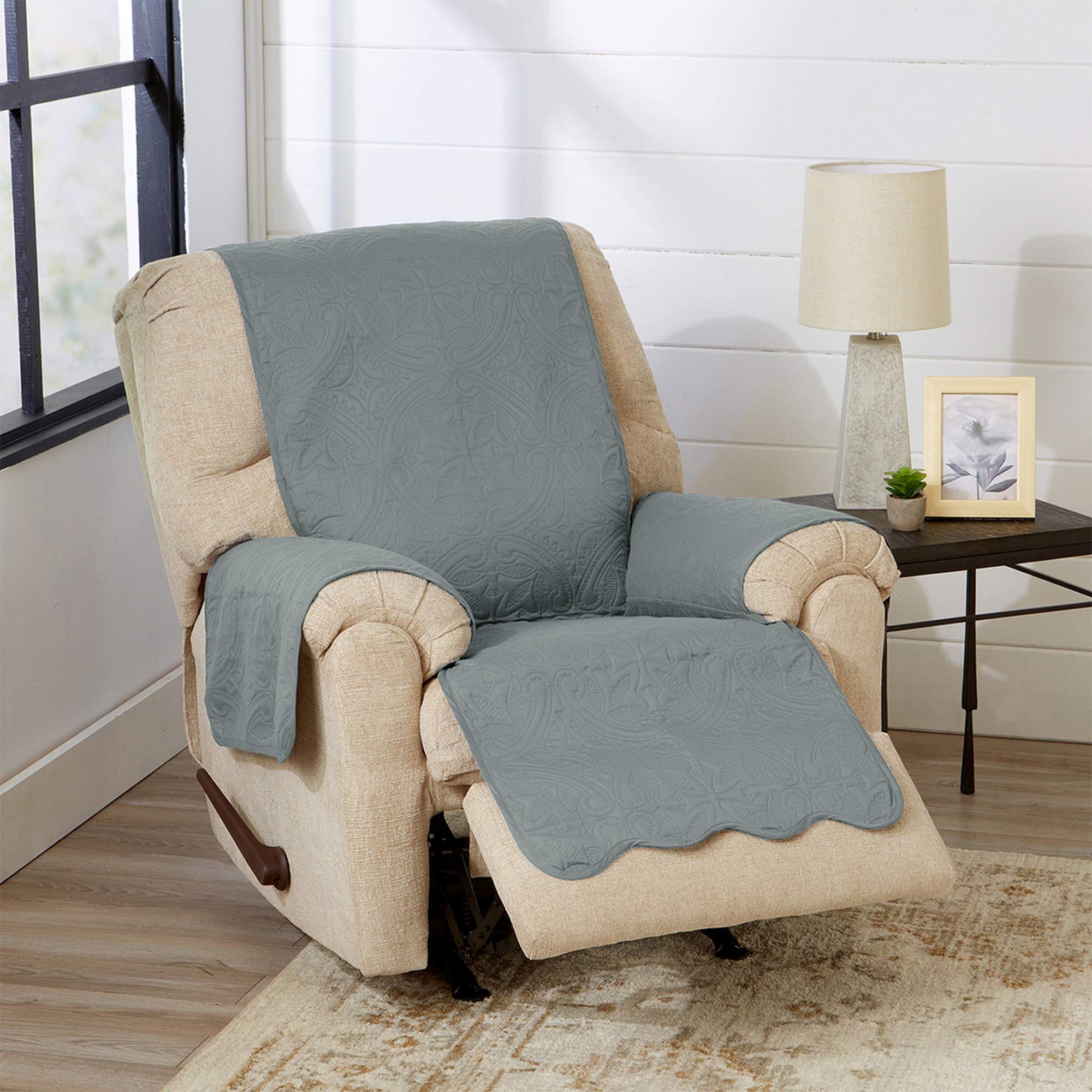 Medallion Stitched Solid Furniture Protector Stain Resistant Durable Furniture Protector Elenor Collection (Recliner, Mirage Gra
