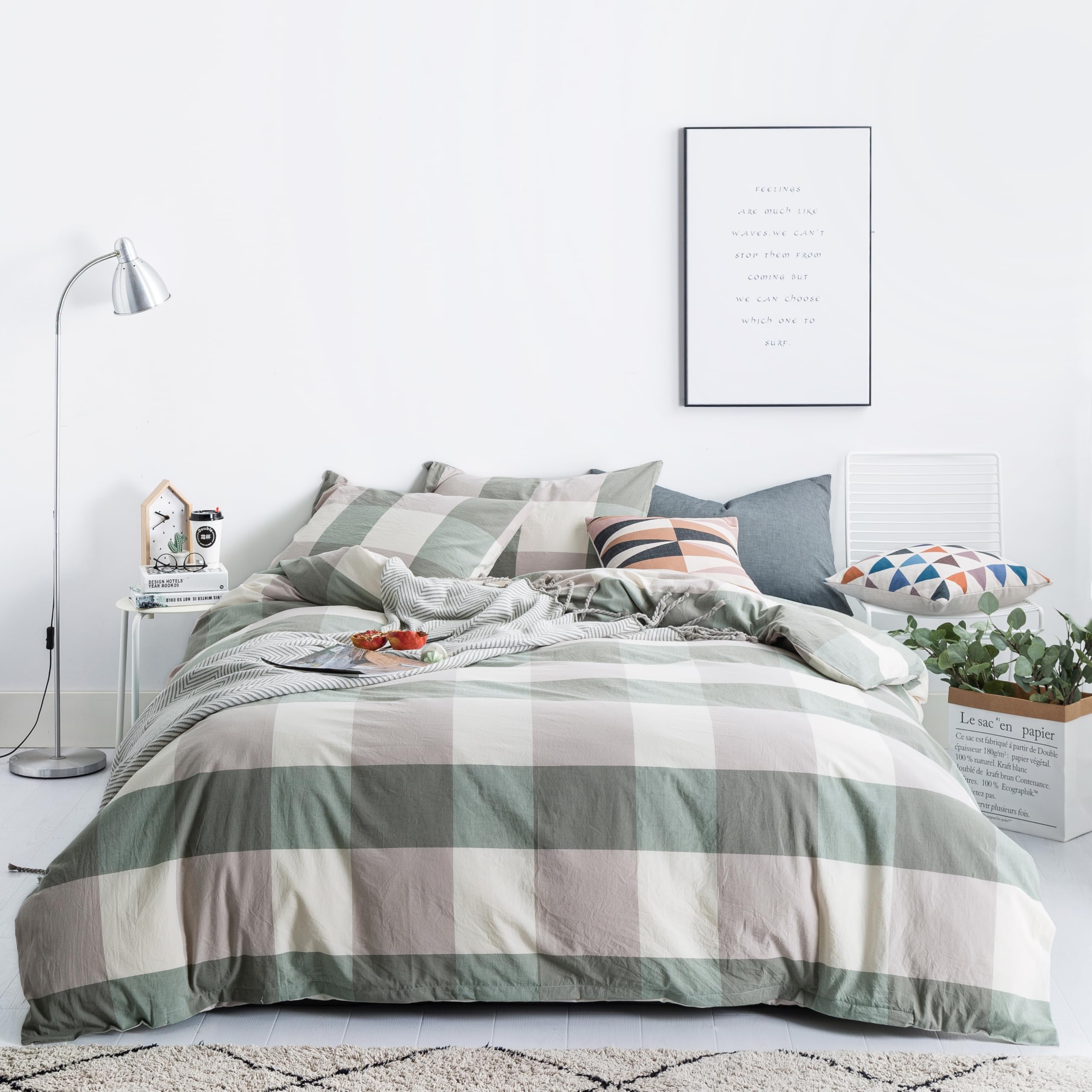 SUSYBAO Buffalo Plaid Duvet Cover Queen 100% Washed Cotton Green Checkered Duvet Cover 3 Pcs Set 1 Neutral Sage Check Duvet Cove