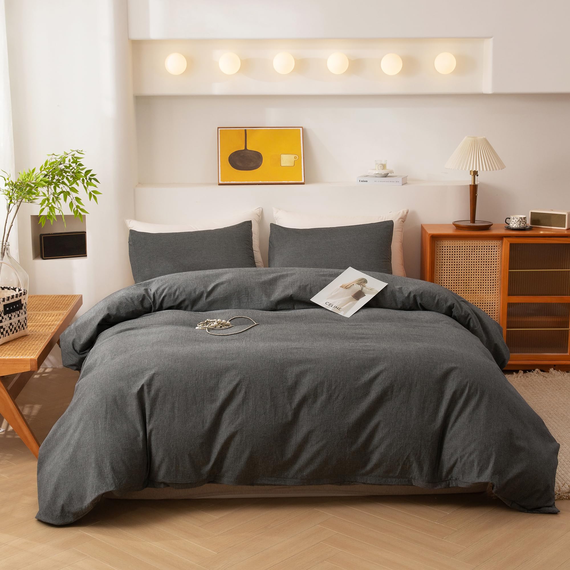 ECOCOTT Grey Duvet Cover King Size, 100% Washed Cotton 1 Duvet Cover with Zipper and 2 Pillowcases, Ultra Soft and Easy Care Bre