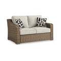 Signature Design by Ashley Beachcroft Casual Weather Resistant Resin Wicker Outdoor Loveseat with Cushion and 2 Accent Pillows, 