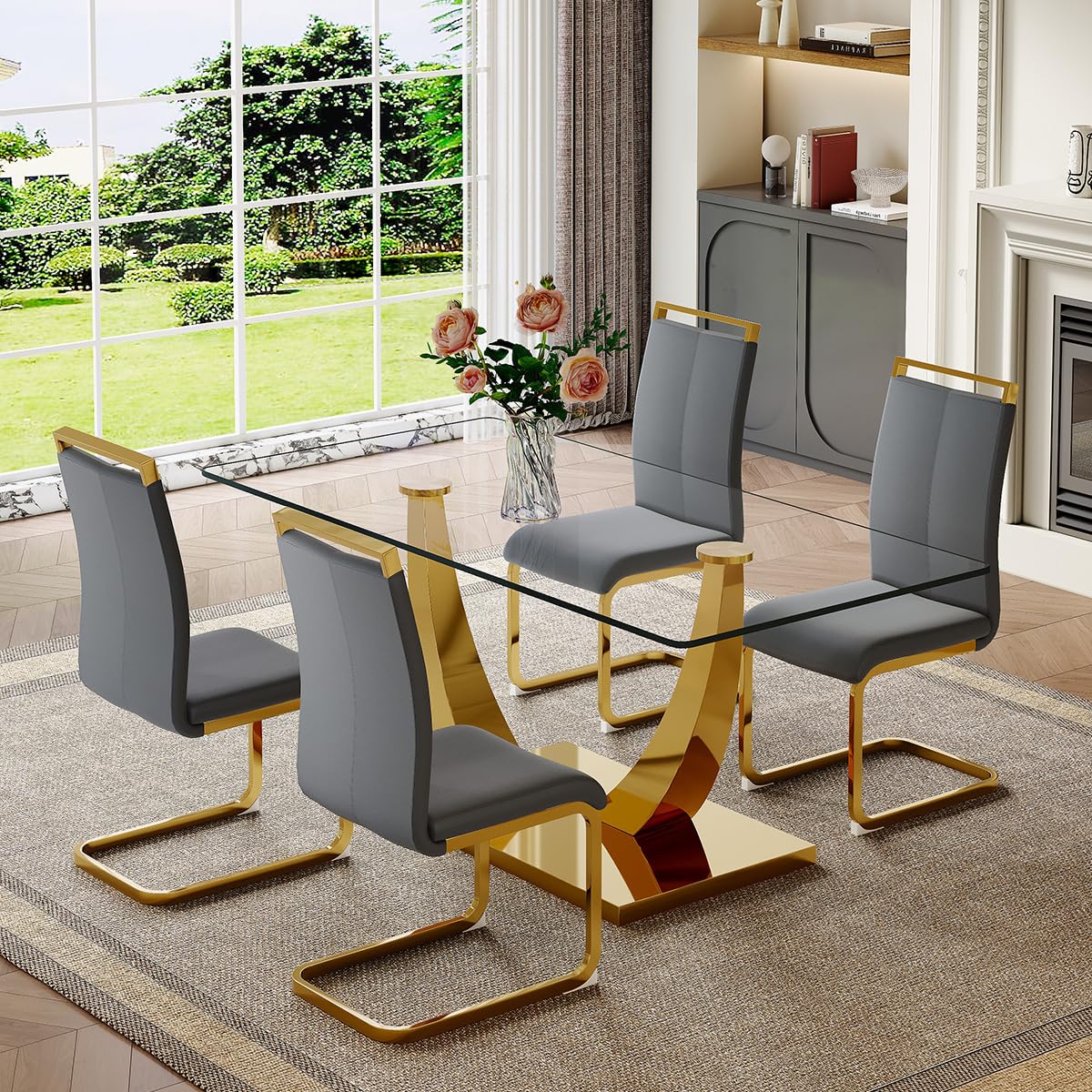 Glass Dining Table Set for 4, Dining Table Set for 4, Dining Table with Stainless Steel Leg and Base, PU Chairs for 4, Dining Ro