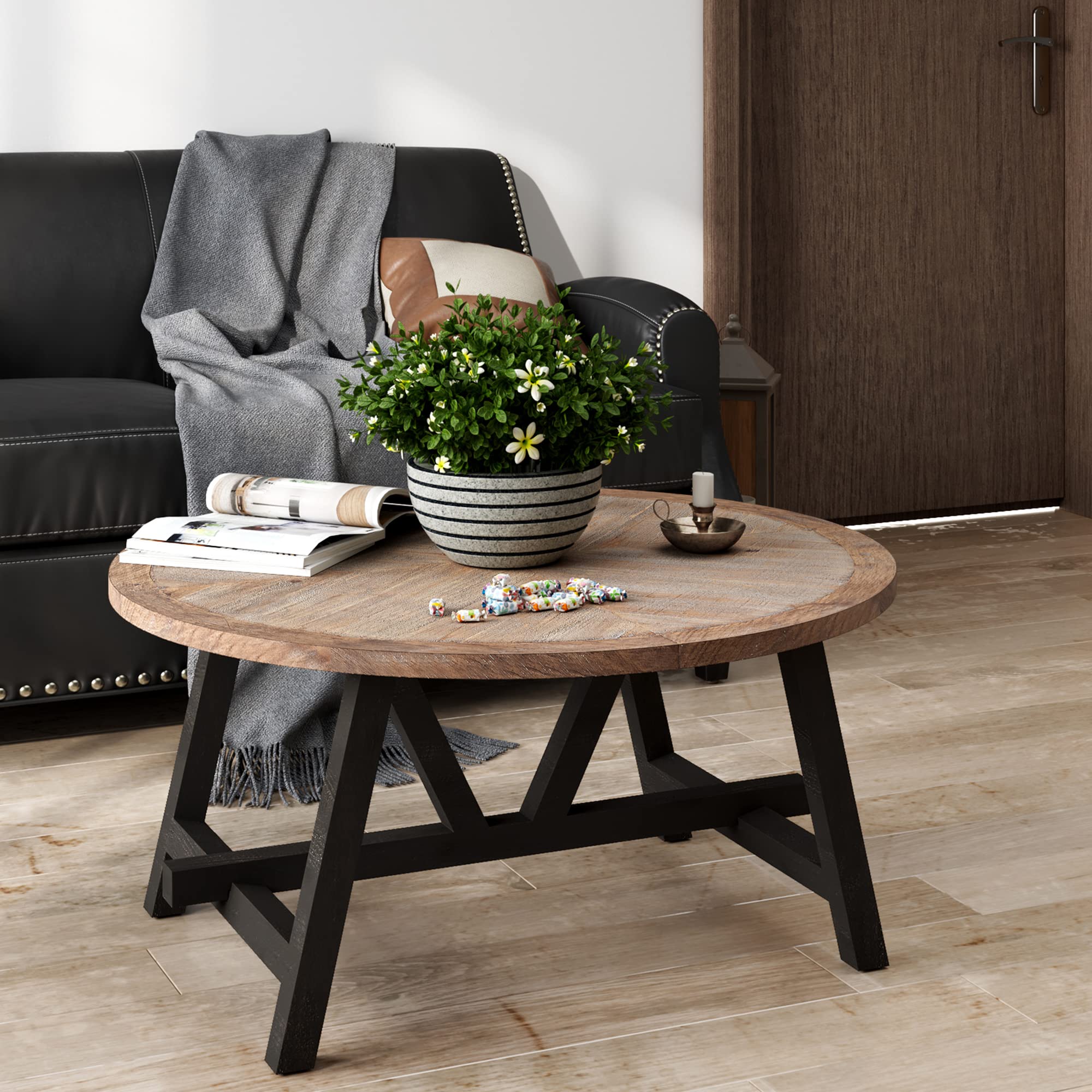 COZAYH Rustic Farmhouse Coffee Table with Geometric Base, French Country Accent Table for Family, Dinning or Living Room, Modern