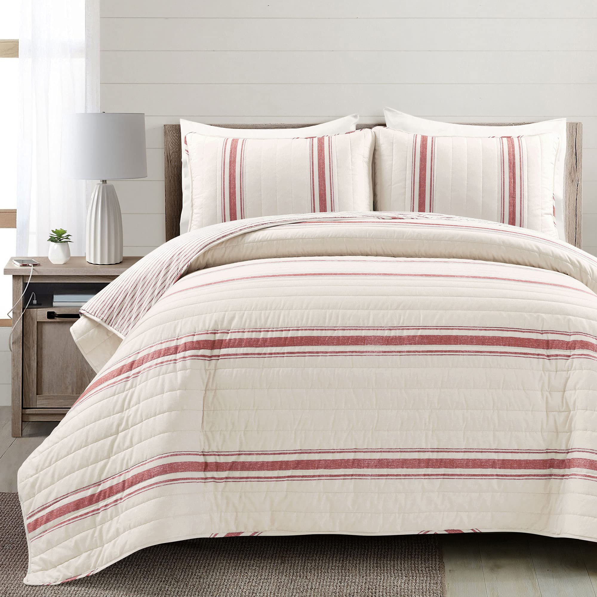 Lush Decor Farmhouse Stripe Reversible Quilt Set, 3 Piece Set, Full/ Queen, Red - Queen Size Bedding Set - Farmhouse Bedroom - B