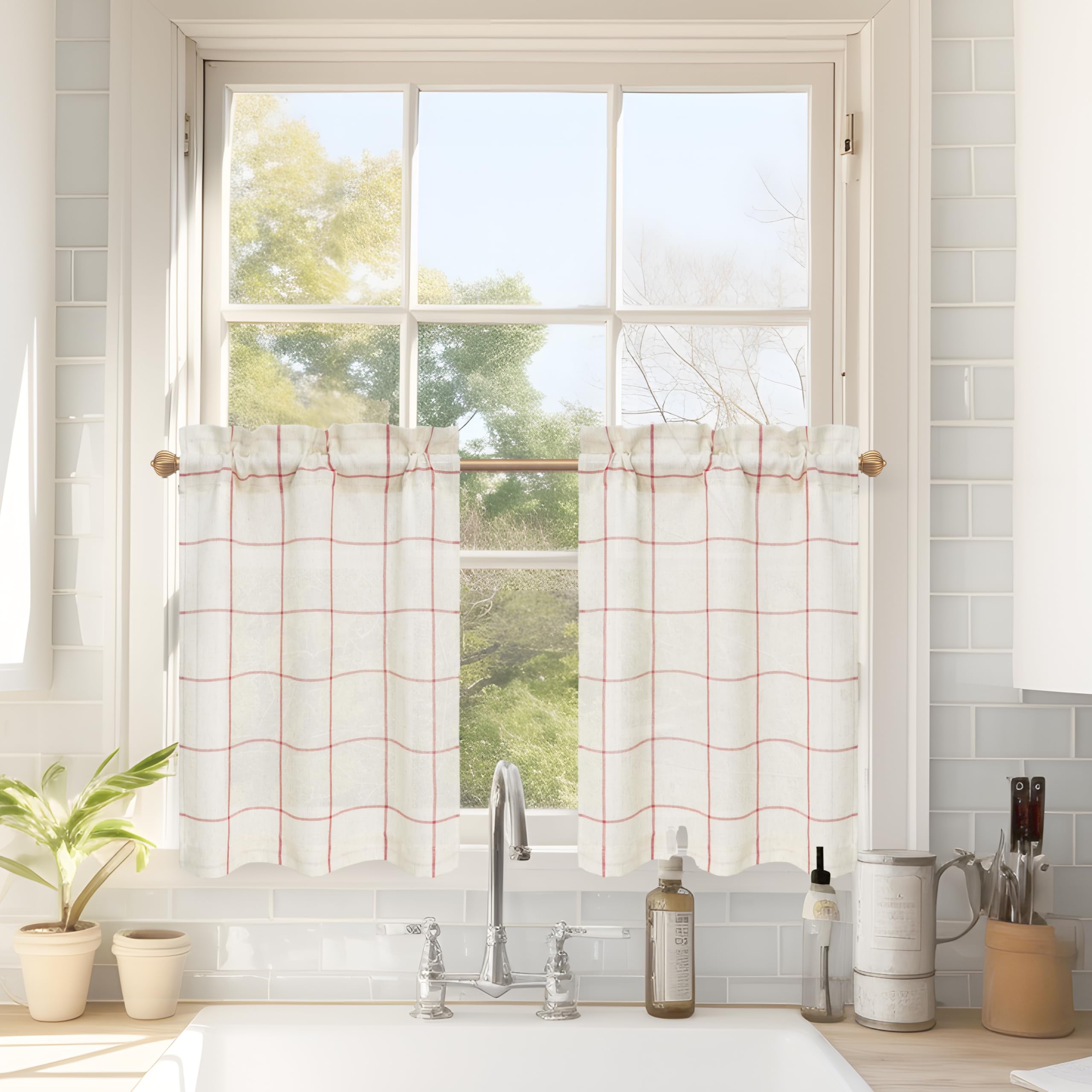 DriftAway Kitchen Curtains Striped Tier Linen Short Curtains Windowpane Plaid Cafe Curtains 24 Inch Length for Living Room Bathr
