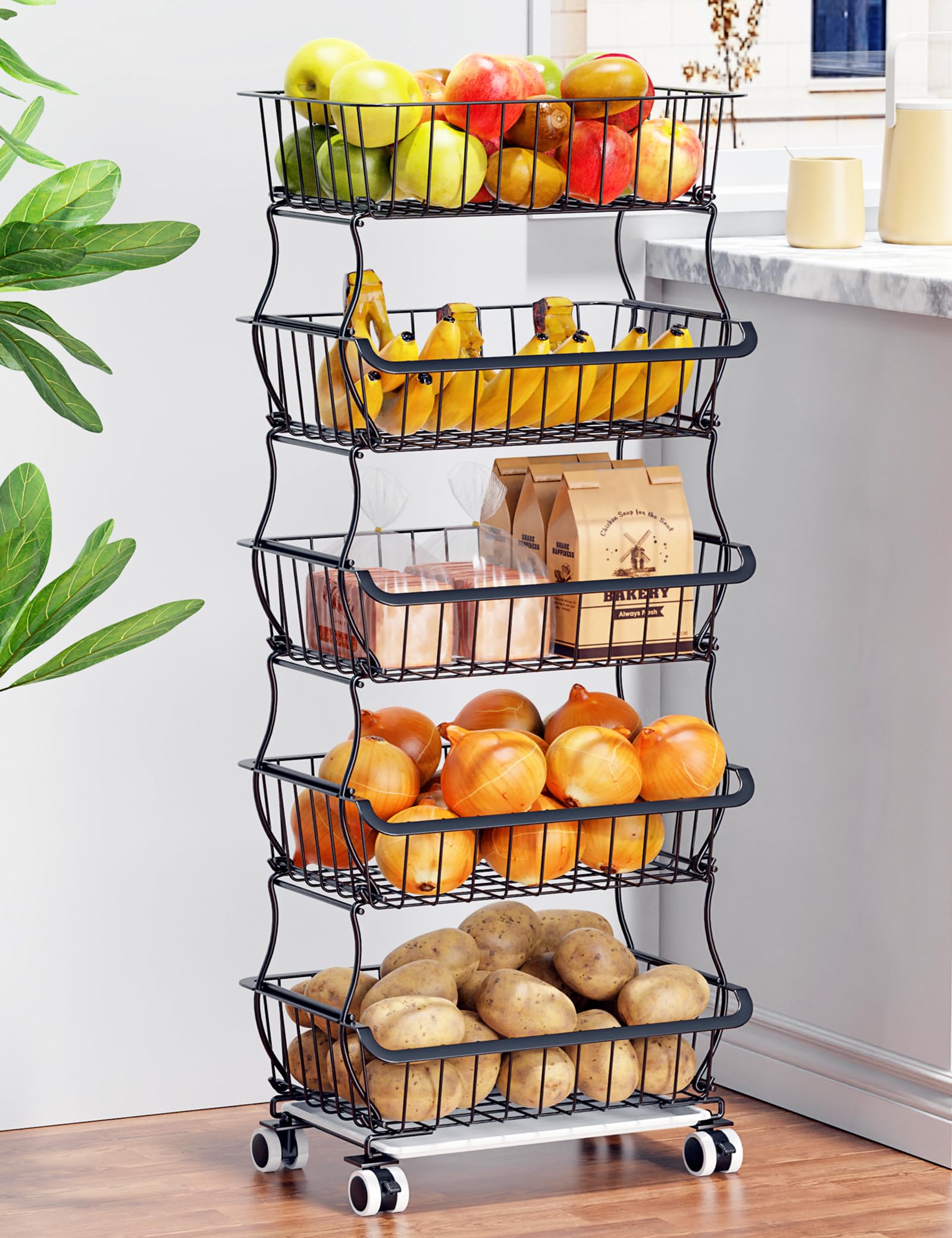 OKZEST 5 Tier Fruit Basket for Kitchen, Stackable Bins Wire Rack with Wheels, Fruit and Vegetable Storage Basket Pantry Food Sna