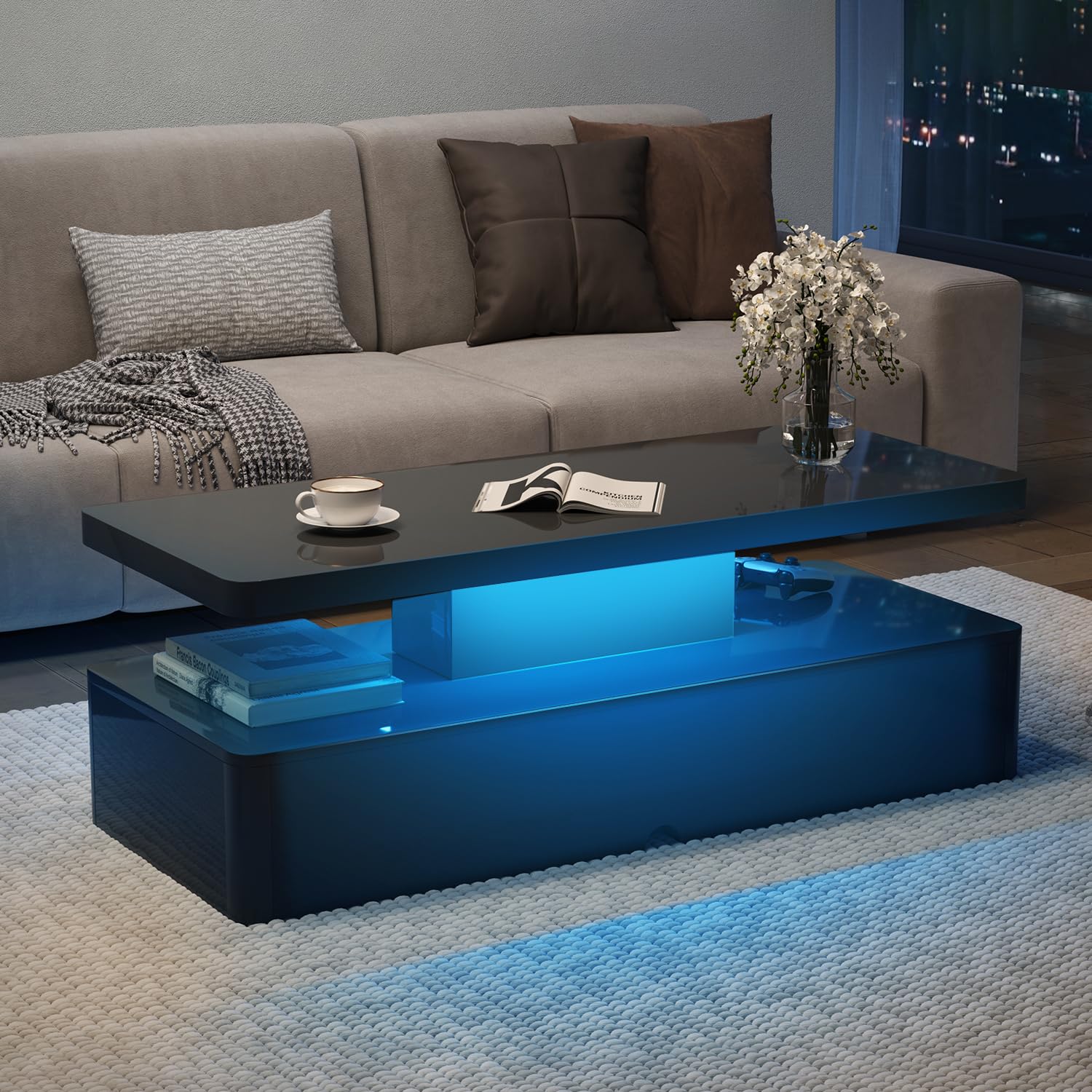 MXV Modern Coffee Table, 40 Inches Coffee Tables with 16 Colors LED Lights, 2 Tier Rectangular Center Table, Large Storage Space