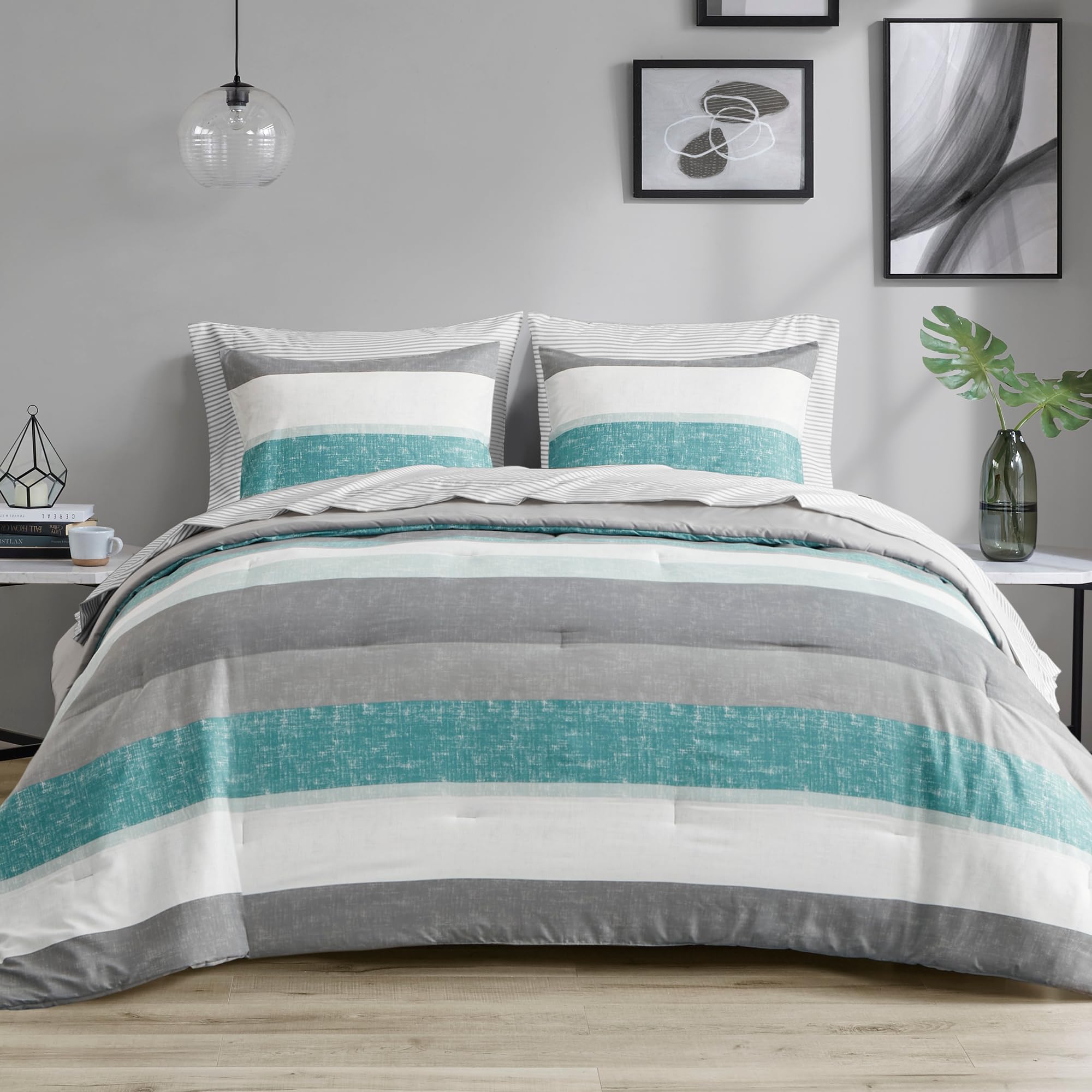 Madison Park Essentials King Comforter Set, Bed in A Bag Comforter & Sheet Set, Modern Casual Stripes Print, All Seasons, Soft M