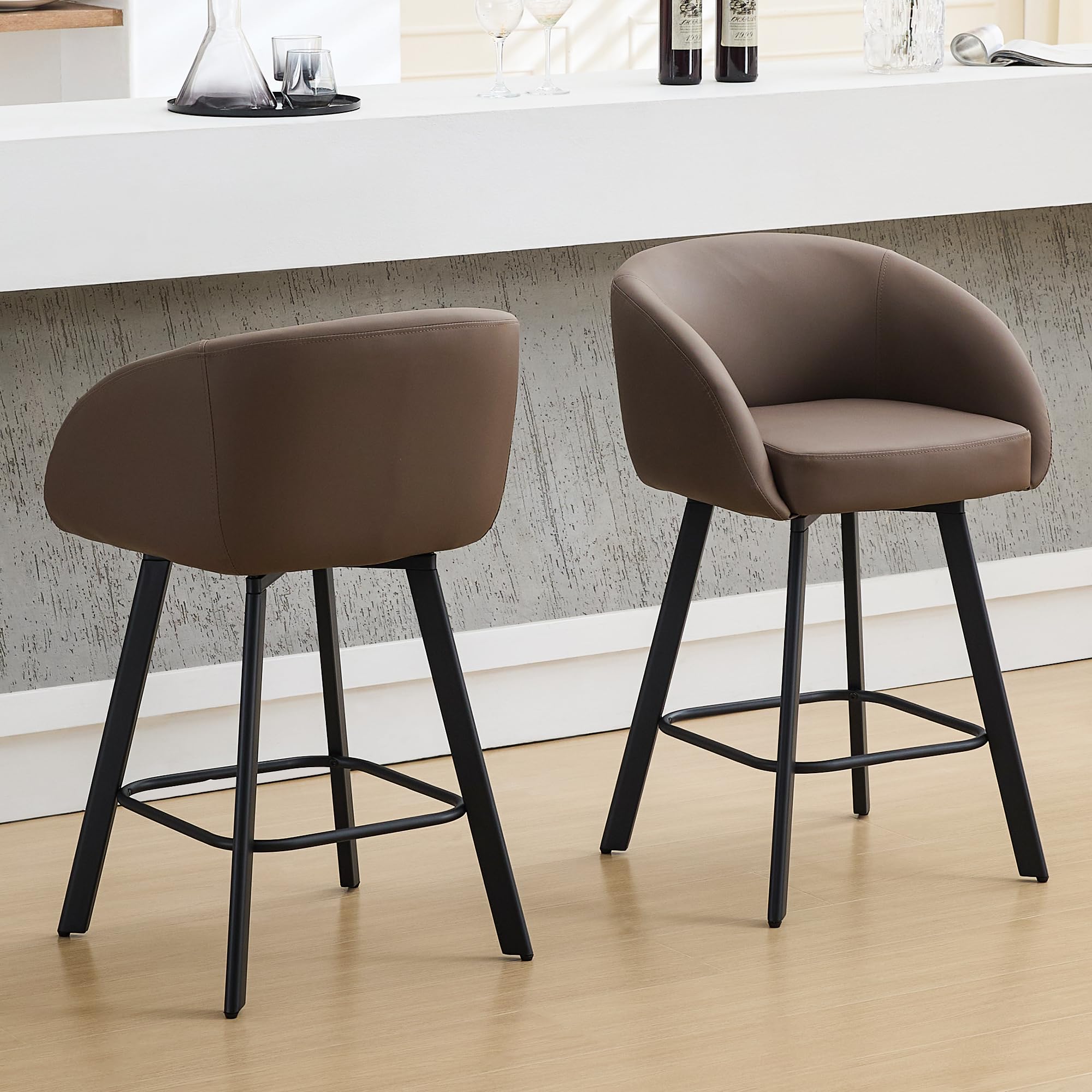 FIRAVOE Bar Stools Set of 2, 26 Swivel Counter Height Bar Stools with Back and Armrest, Faux Leather Kitchen Barstools Counter H