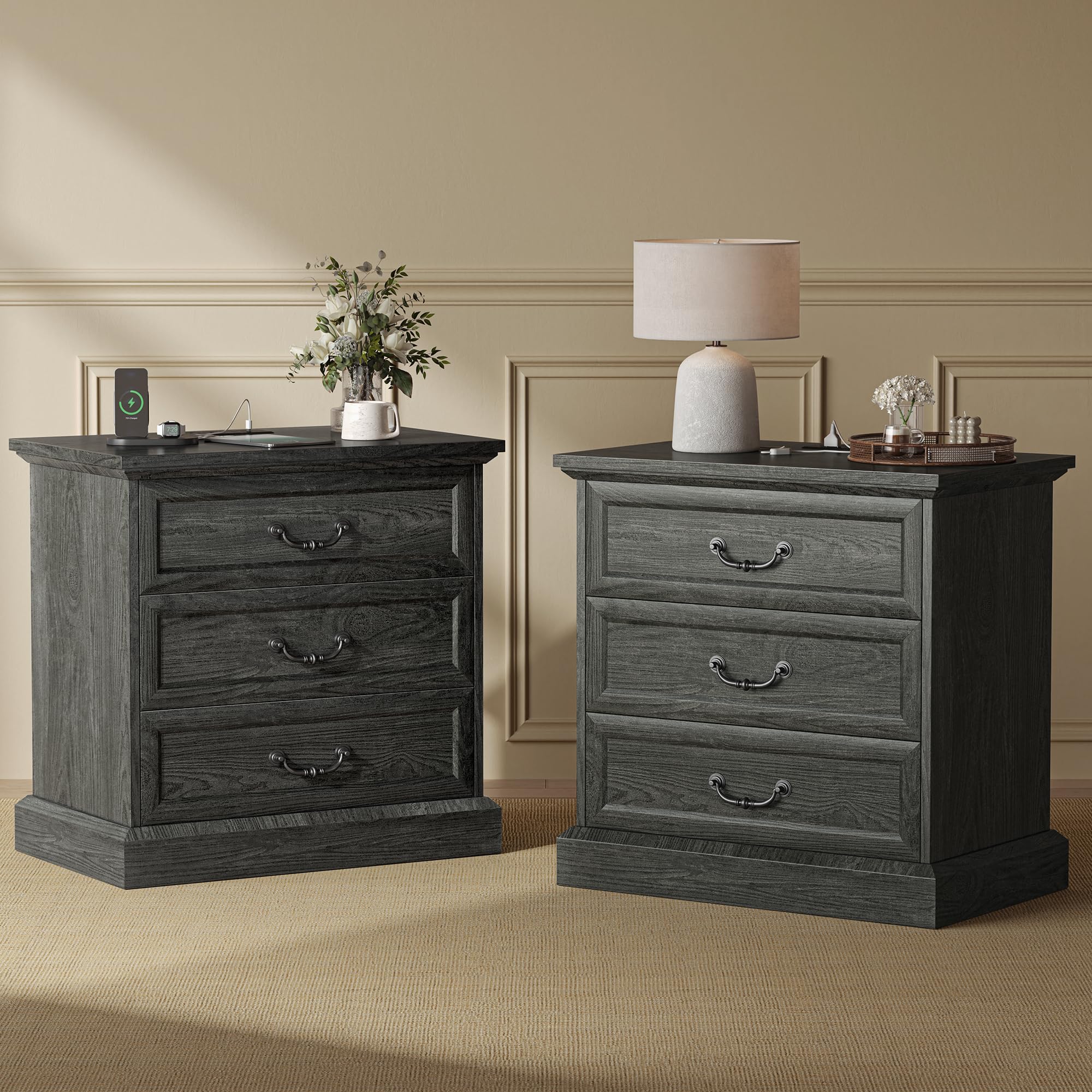 Huuger Nightstand with Charging Station, 3 Drawer Night Stand Set of 2, 22 Inch Wider Side Table with Storage, Farmhouse Nightst