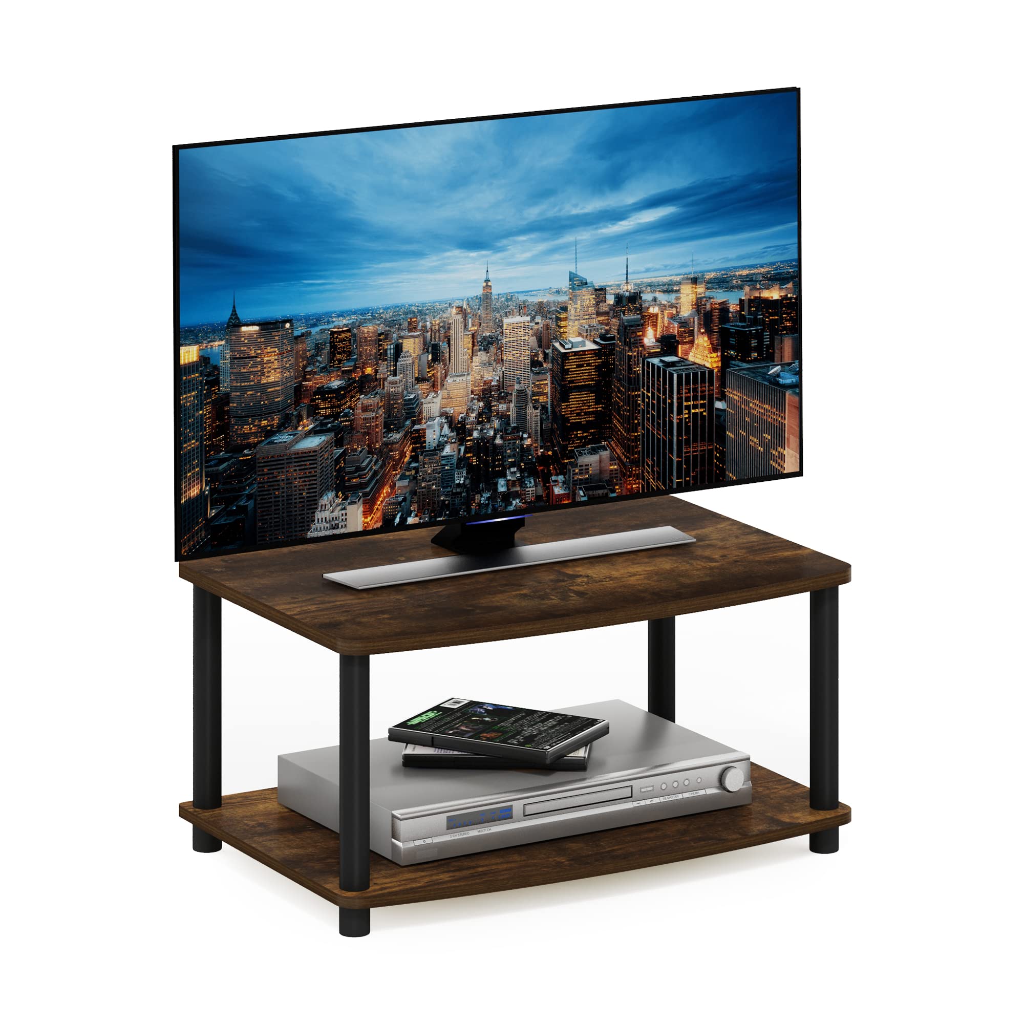 Furinno Turn-N-Tube 2-Tier TV Riser, Small Elevated No Tools TV Stand for TV up to 32 inch, 15.8 x 23.8 x 11, Amber Pine/Black