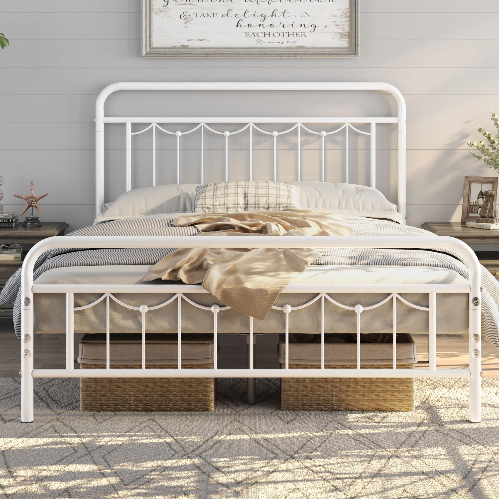 Yaheetech Full Size Metal Bed Frames with Vintage Headboard and Footboard, Farmhouse Metal Platform Bed, Heavy Duty Steel Slat S