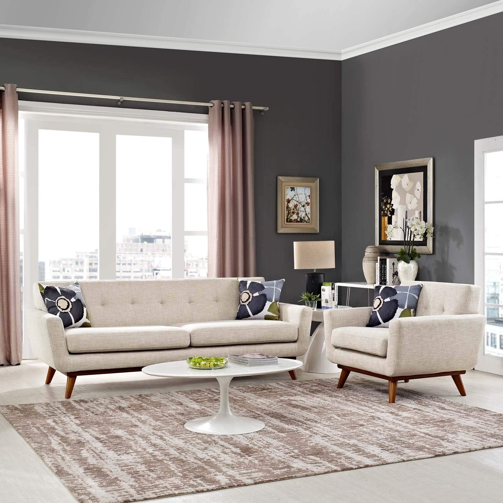Modway Engage Mid-Century Modern Upholstered Set in Beige, Armchair and Sofa