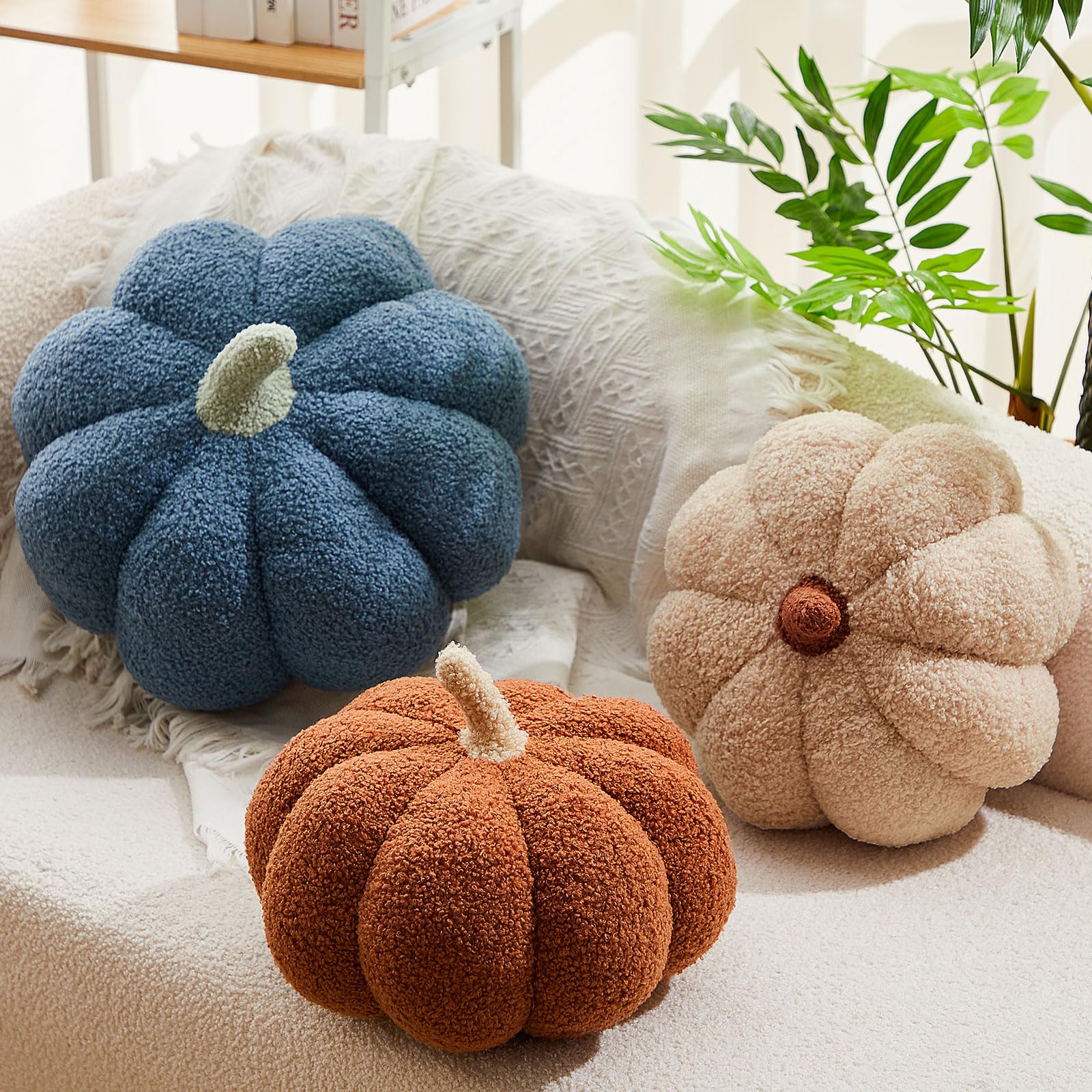 Juexica 3 Pcs Stuffed Pumpkin Pillow Fluffy Plush 3D Pumpkin Shaped Decoration Fall Thanksgiving Halloween Pillow Cushion Cute S