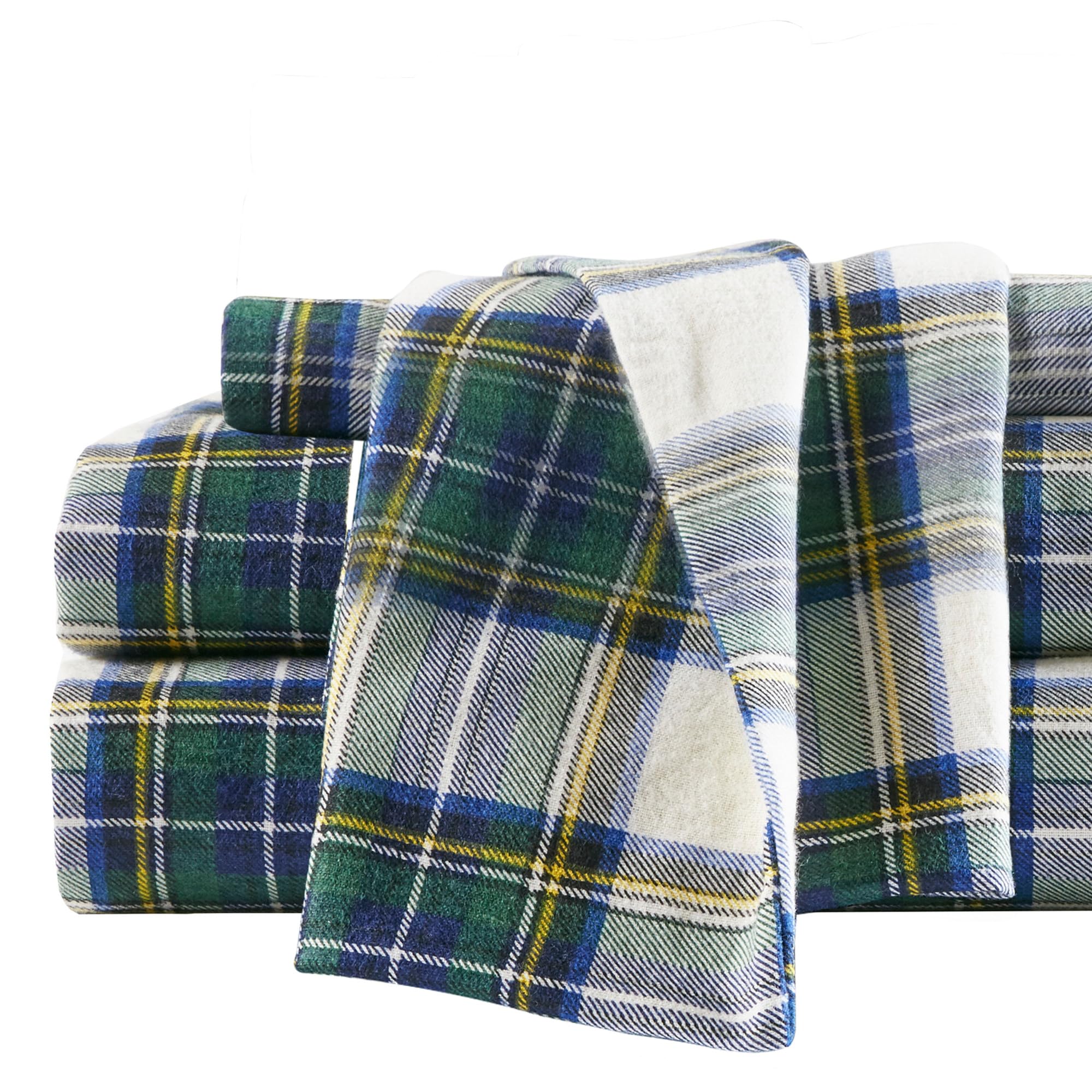 Comfort Spaces Cotton Flannel Breathable Warm Deep Pocket Sheets with Pillow Case Bedding, King, Green Plaid Scottish Plaid 4 Pi
