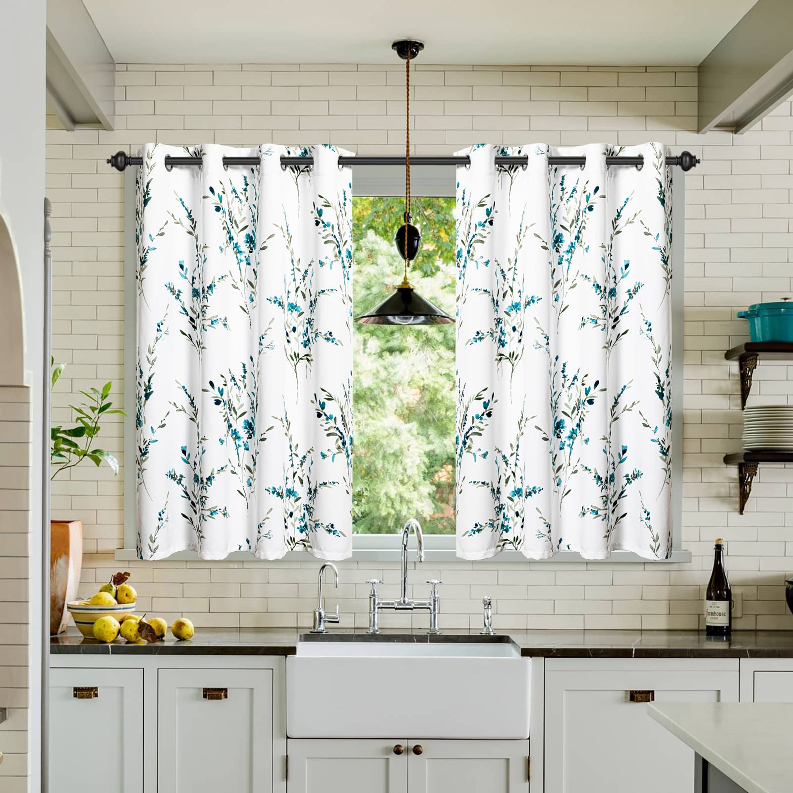 MYSKY HOME 54 inch Curtains for Kitchen Floral Curtains Light Filtering Thermal Insulated for Bedroom Bay Window Printed Soft Dr