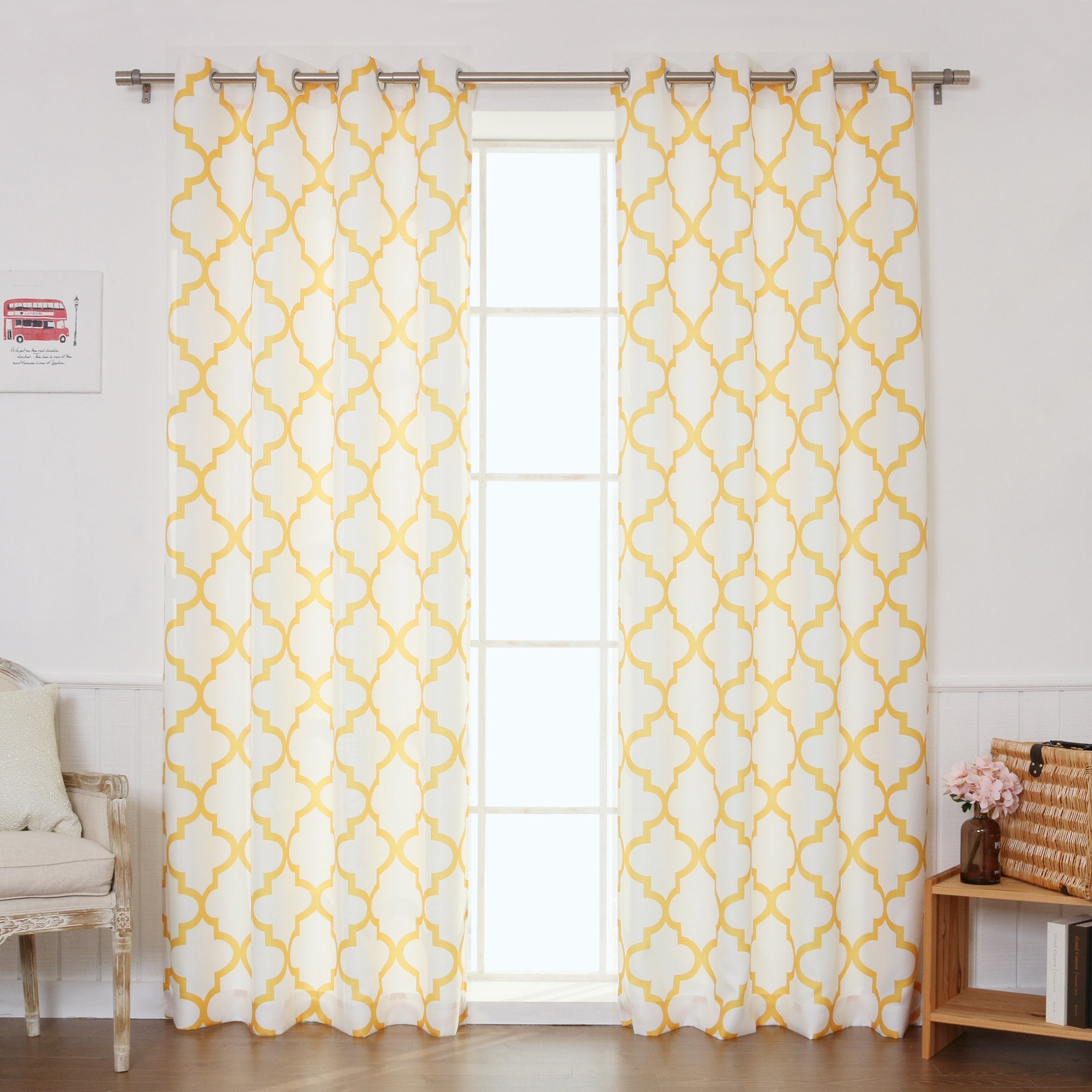 Best Home Fashion Oxford Basketweave Reverse Moroccan Print Curtains - Stainless Steel Nickel Grommet Top - Yellow - 52 W x 84 L