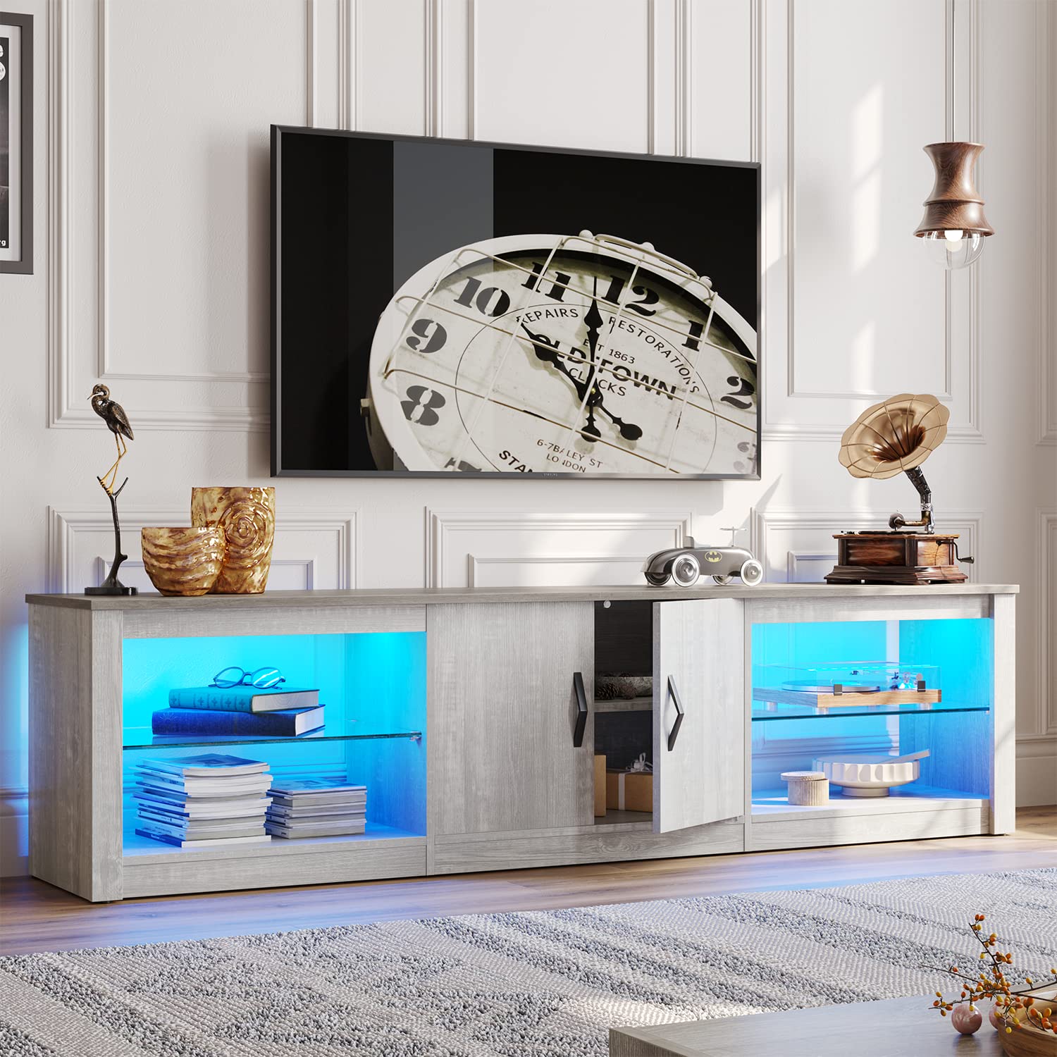 Bestier 70 Inch Led TV Stand for 75 Inch TV Large Entertainment Center Gaming with Adjustable Glass Shelves Two Cabinets Modern 