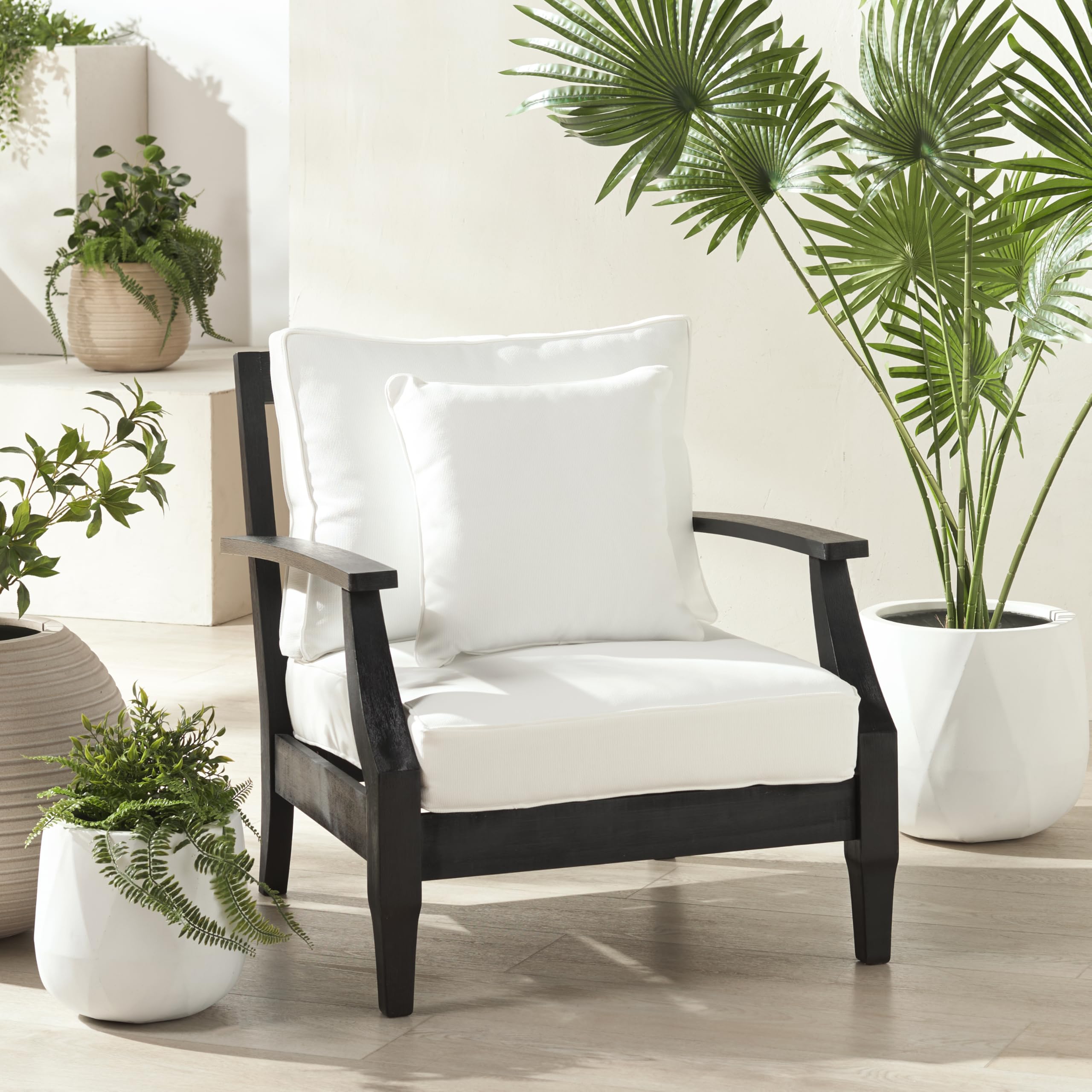 SAFAVIEH Outdoor Couture Collection Martinique Light Grey/Beige Solid Wood Patio Armchair with Pillow