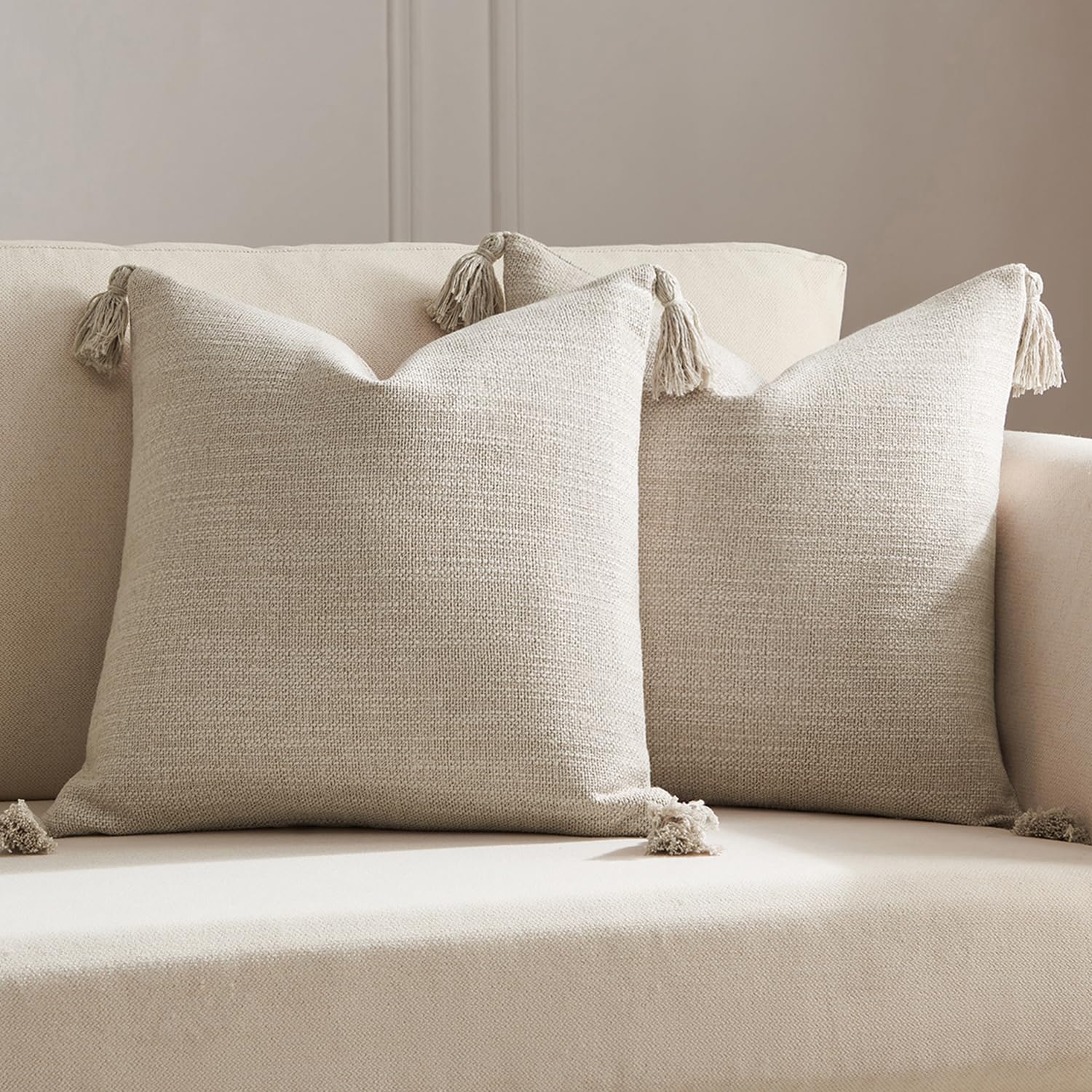Meekio Set of 2 Light Beige Pillow Covers 18 x 18 inches Neutral Pillow Covers Textured Throw Pillow Covers with Tassels for Neu
