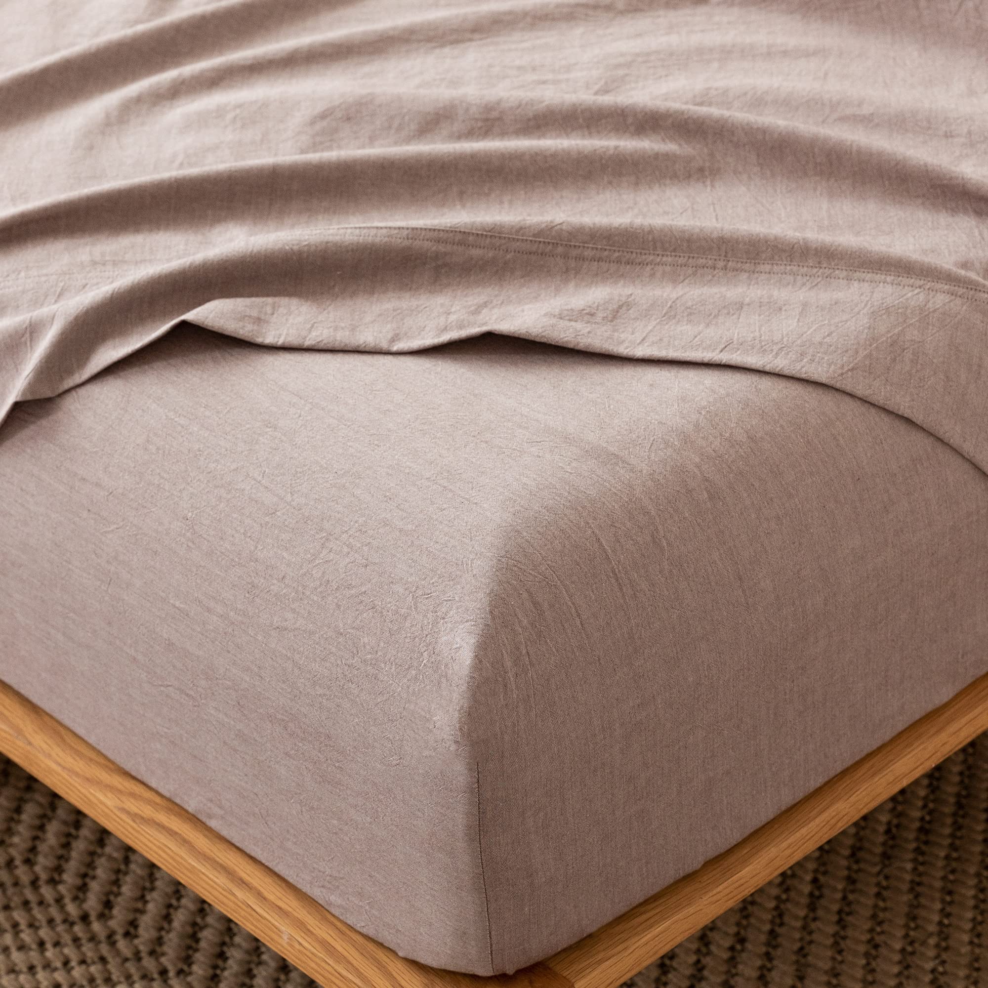 MooMee Fitted Bottom Sheet Only 100% Washed Cotton Linen Like Textured Breathable Durable Soft Comfy Deep Pocket Fits Mattress u
