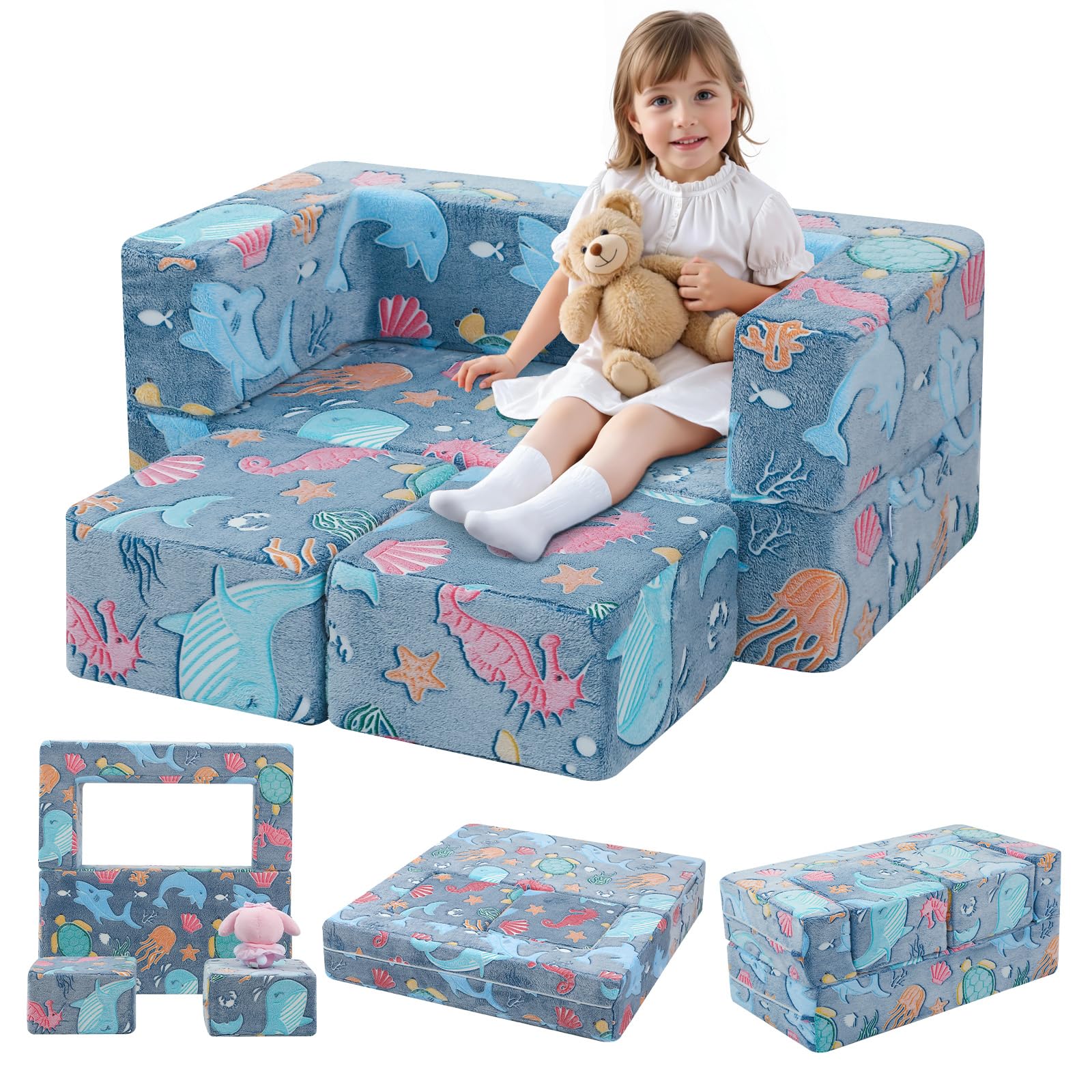 MeMoreCool Modular Kids Couch, Glow Play Toddler Couch for Bedroom Playroom, Convertible Foam Kids Sofa Bed, Fold Out Baby Sofa 